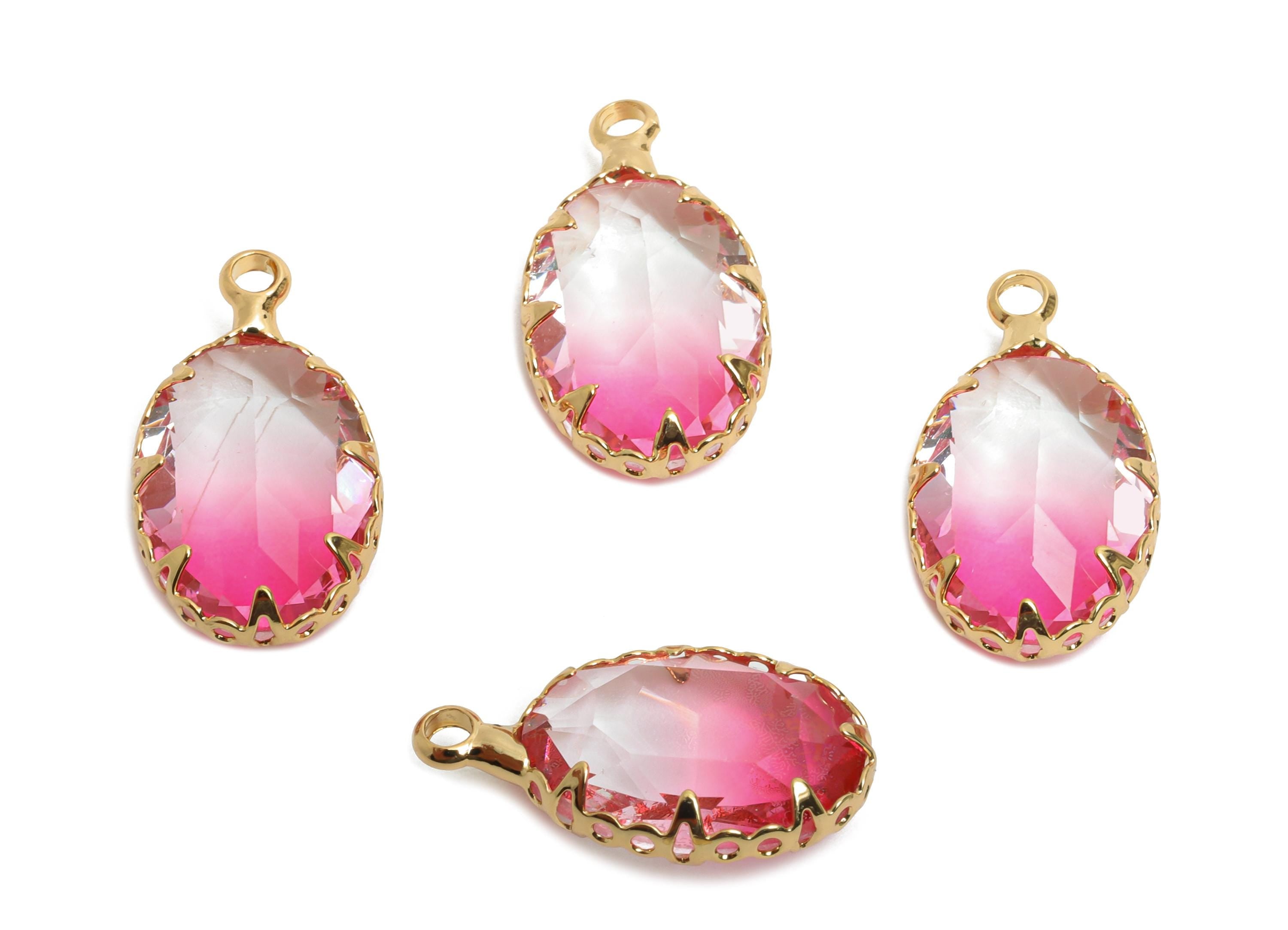 Brass Oval Crystal Charm - Pink Gradient Pendant - Sparkling Faceted Crystal Charm - Luxury Jewelry - KC Gold Plated - 18x10.58x5mm - GS1253 - DOMEDBAZAAR