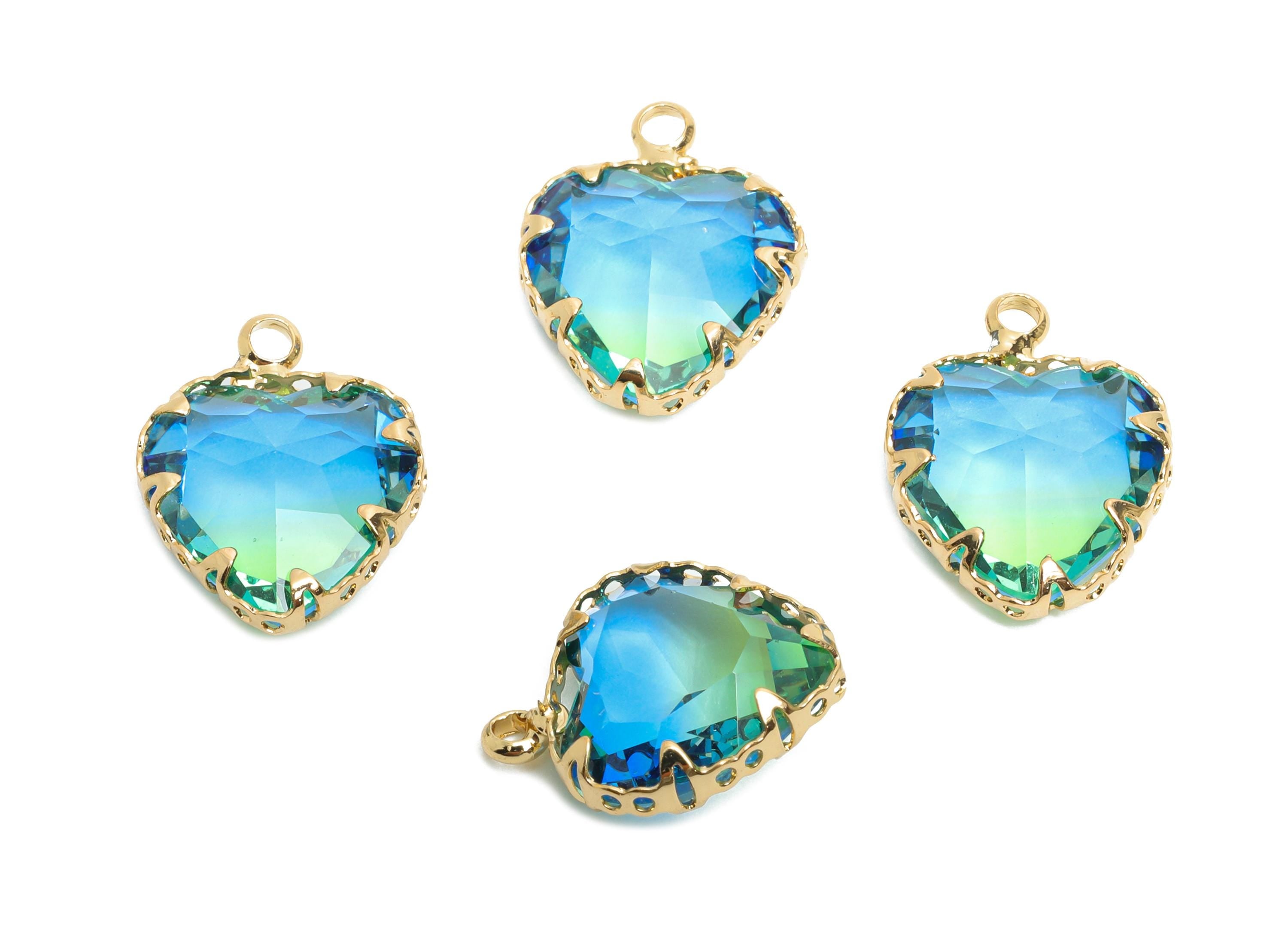 Brass Heart Crystal Bracelet Charm - Luxury Blue Faceted Crystal Pendant - Romantic Heart Jewelry Accent - KC Gold Plated - 15x12x5mm-GS1216 - DOMEDBAZAAR
