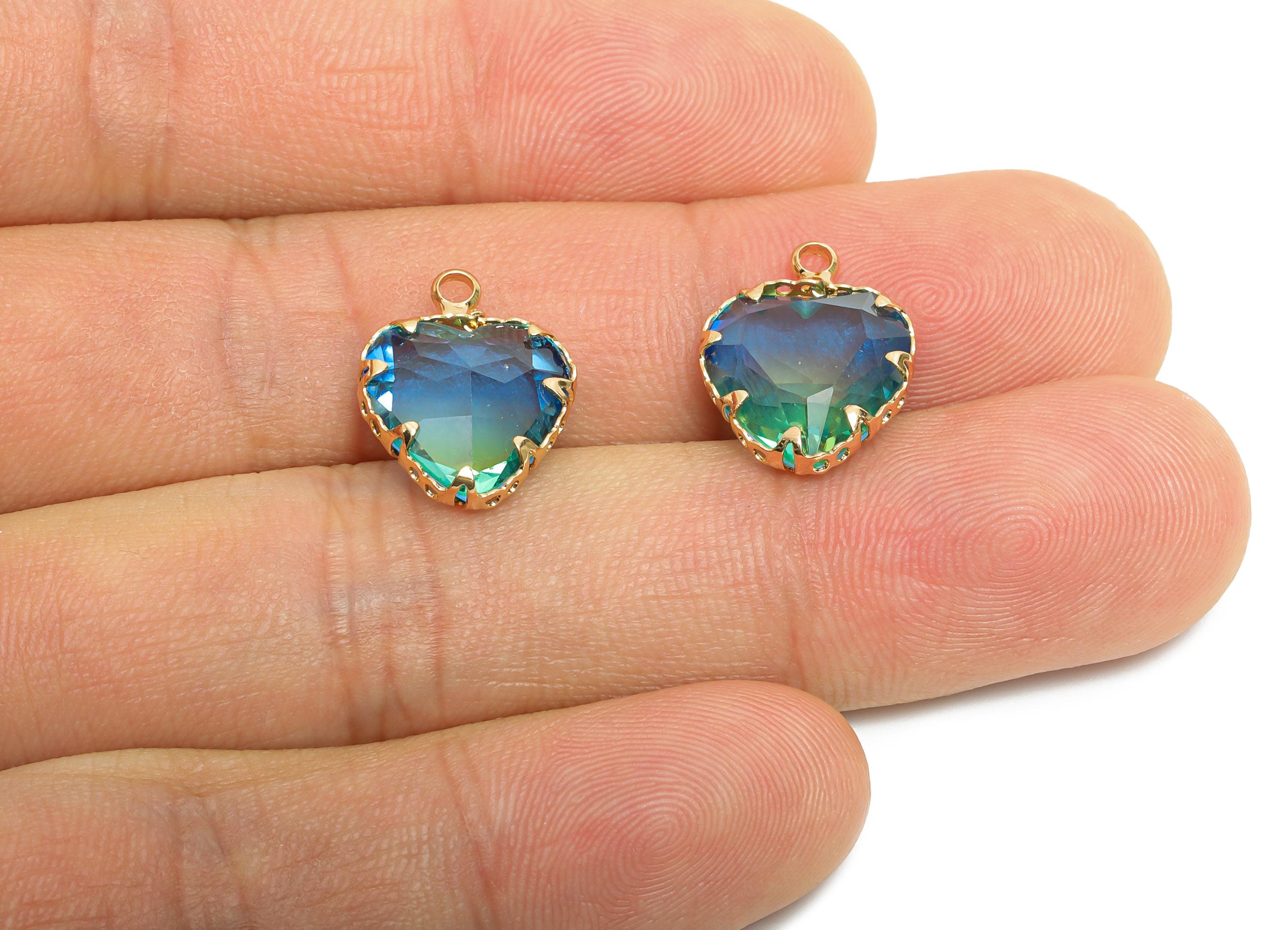 Brass Heart Crystal Bracelet Charm - Luxury Blue Faceted Crystal Pendant - Romantic Heart Jewelry Accent - KC Gold Plated - 15x12x5mm-GS1216 - DOMEDBAZAAR