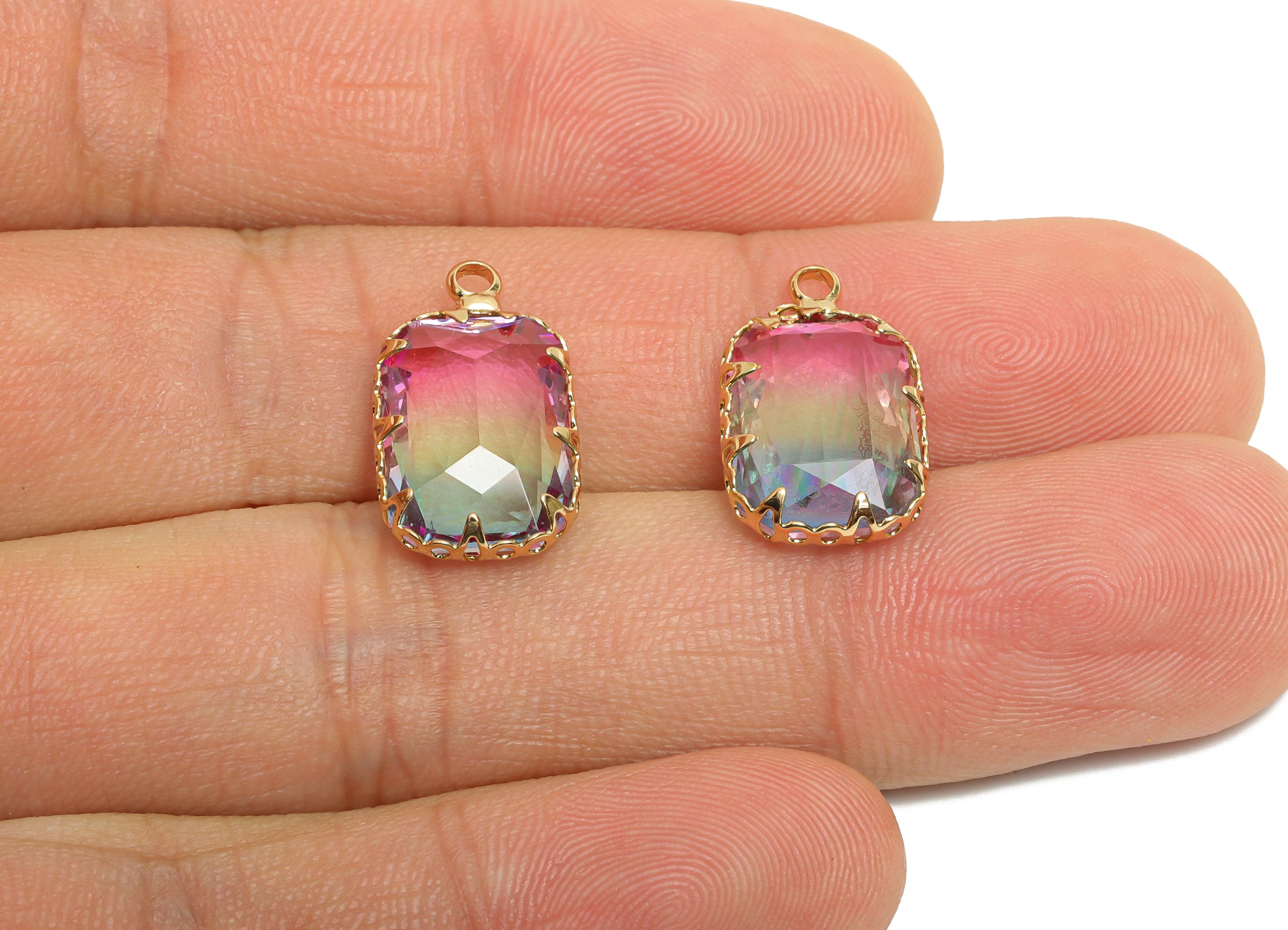 Faceted Rectangular Sparking Charm - Artisan Multicolor Crystal Pendant - Elegant Geometry Jewelry - KC Gold Tone Plated - 19x11x5mm -GS1233 - DOMEDBAZAAR