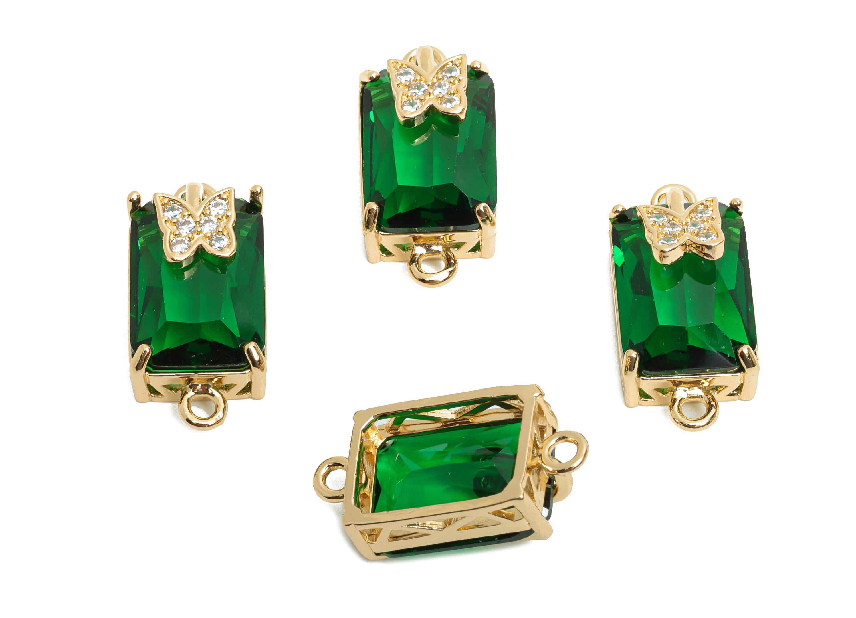 Brass Crystal Butterfly Pendant - Sparkling Green Connector - Faceted Gem with Butterfly Detail - KC Gold Tone Plated - 20x10x8mm - GS1269 - DOMEDBAZAAR