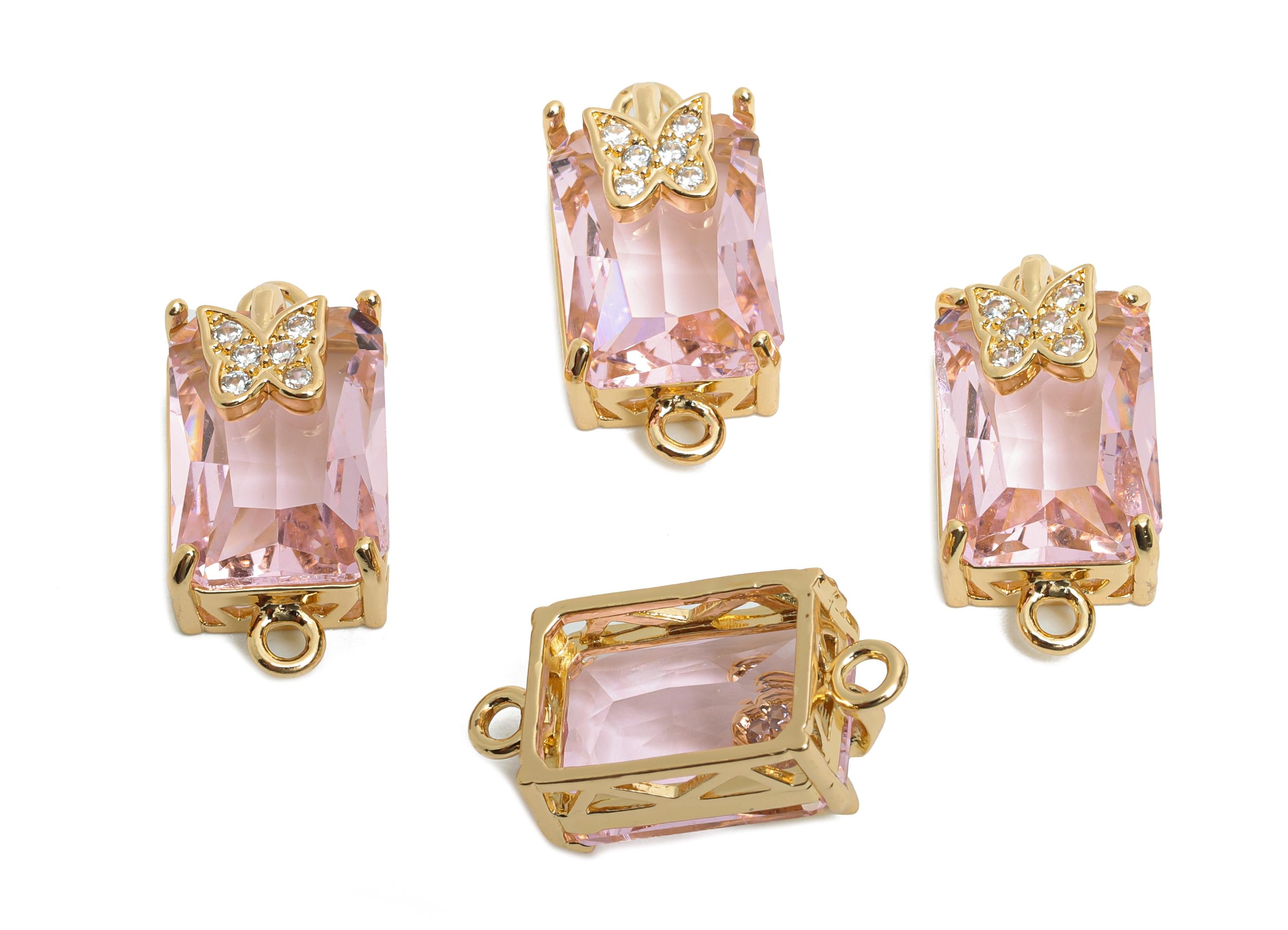 Brass Crystal Butterfly Pendant - Sparkling Pink Connector - Faceted Crystal Butterfly Detail - KC Gold Tone Plated - 20x10x8mm - GS1265 - DOMEDBAZAAR