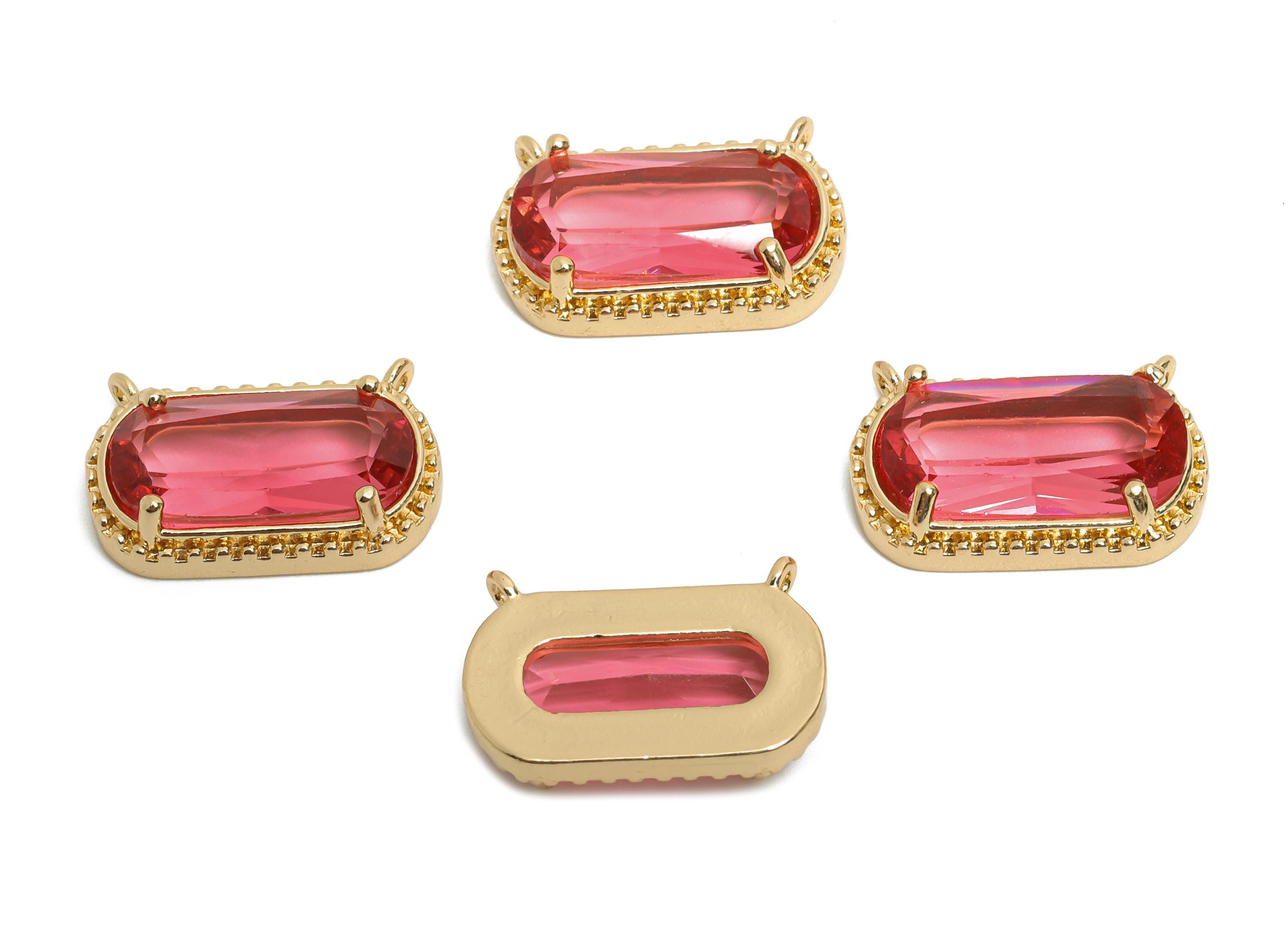 Brass Crystal Oval Pendant - Dainty Sparkling Pink Charm - Modern Oval Rectangular Stone Pendant - KC Gold Tone Plated - 16x11x4mm - GS1276 - DOMEDBAZAAR