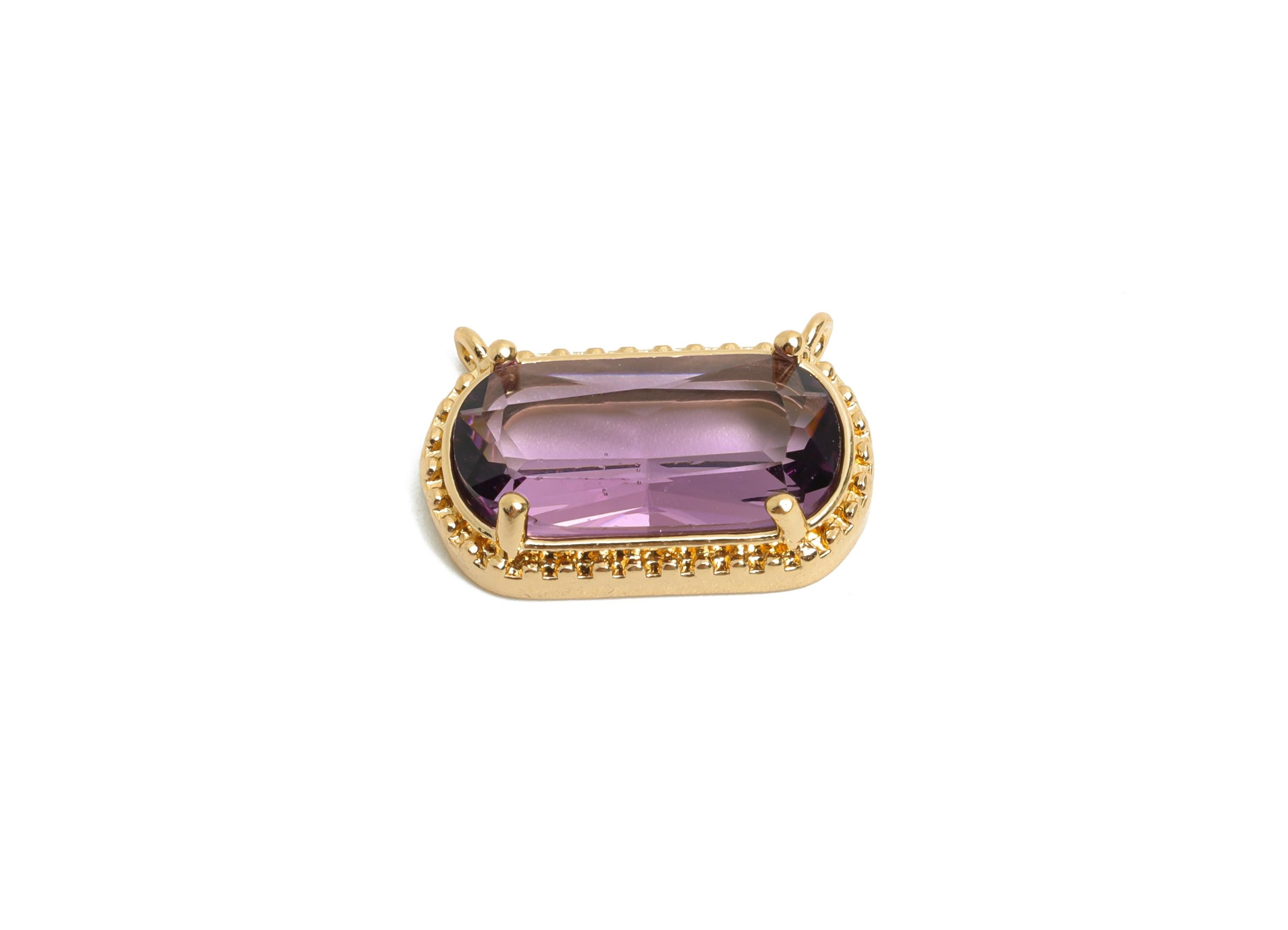 Brass Crystal Oval Pendant - Dainty Sparkling Purple Charm - Modern Oval Rectangular Stone Pendant - KC Gold Tone Plated - 16x11x4mm -GS1295 - DOMEDBAZAAR