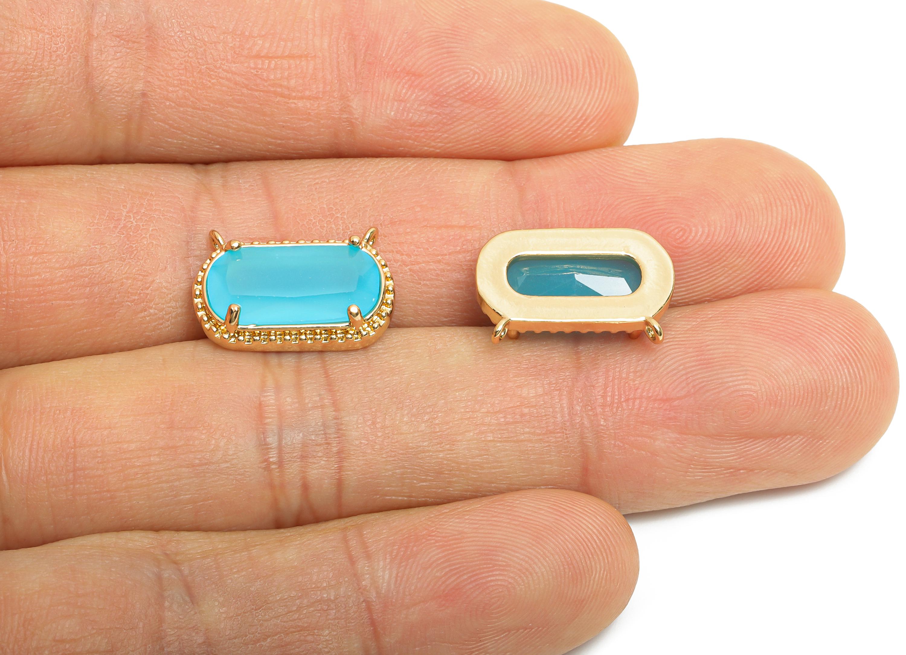 Brass Crystal Oval Pendant - Dainty Sparkling Blue Charm - Modern Oval Rectangular Stone Pendant - KC Gold Tone Plated - 16x11x4mm - GS1294 - DOMEDBAZAAR