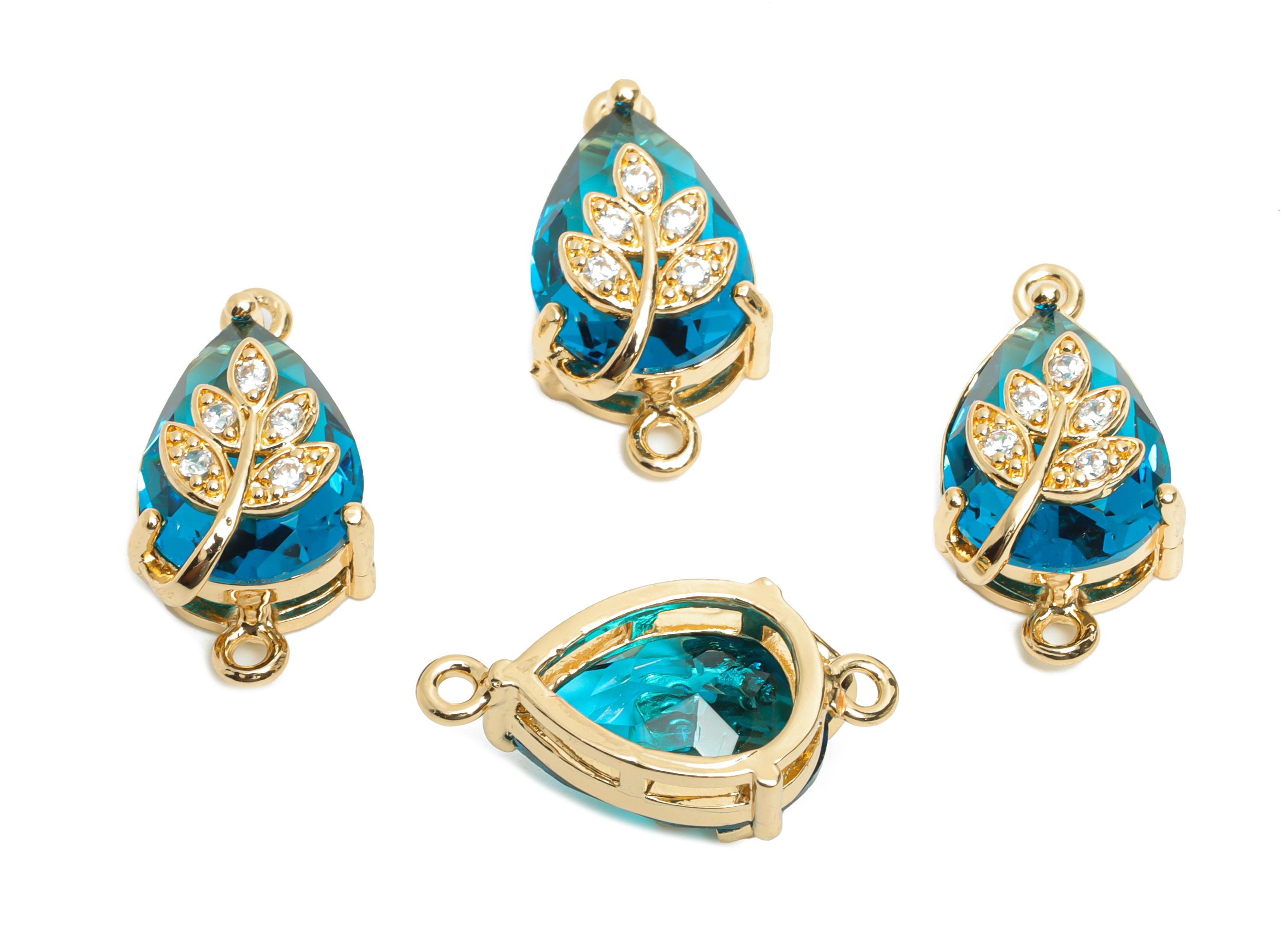 Teardrop Crystal Connector - Dainty Blue Glass with Leaf Charm - Artisan Crystal Jewelry - KC Gold Plated - 20x11x10.57mm - GS1278 - DOMEDBAZAAR
