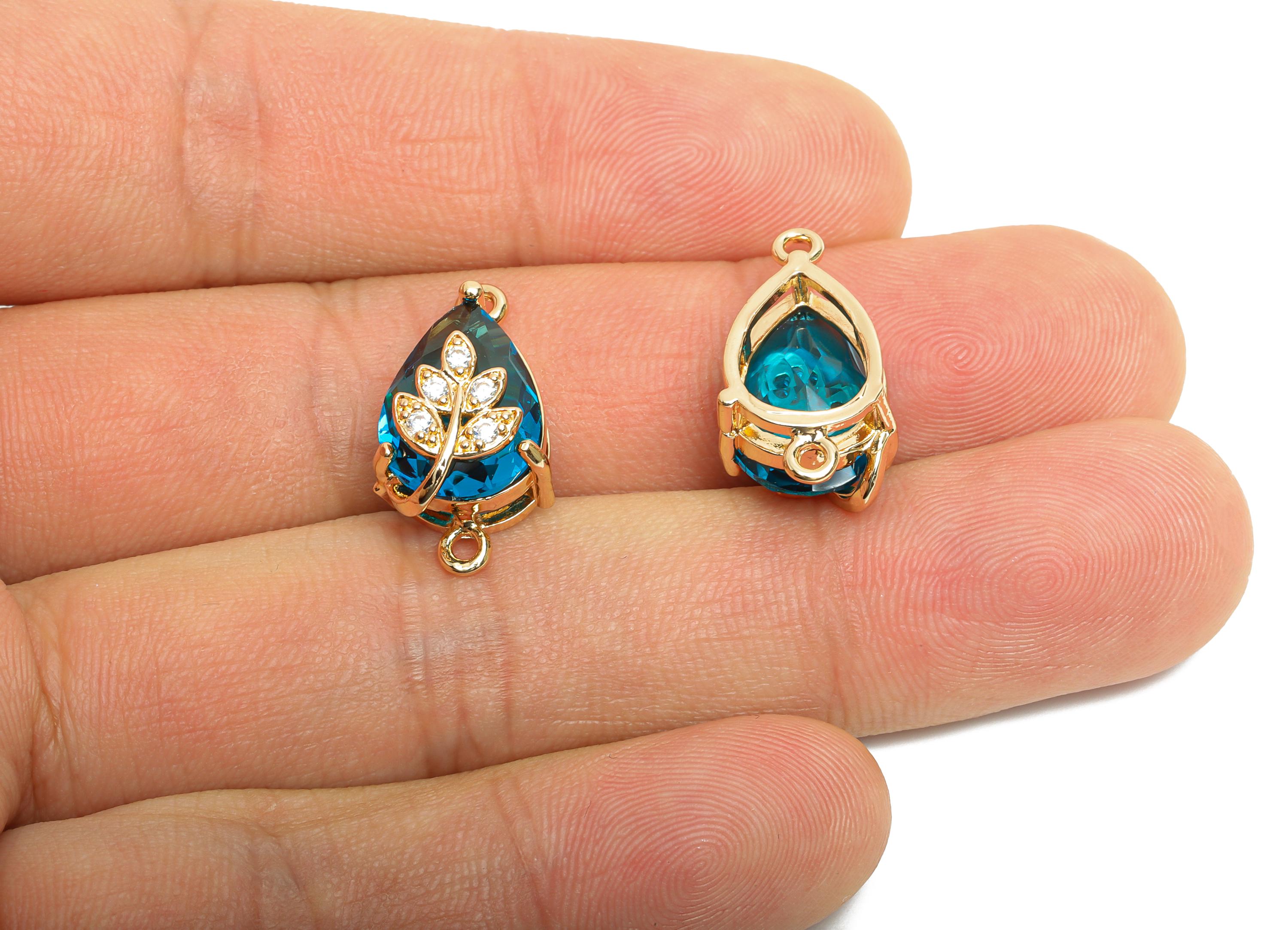 Teardrop Crystal Connector - Dainty Blue Glass with Leaf Charm - Artisan Crystal Jewelry - KC Gold Plated - 20x11x10.57mm - GS1278 - DOMEDBAZAAR