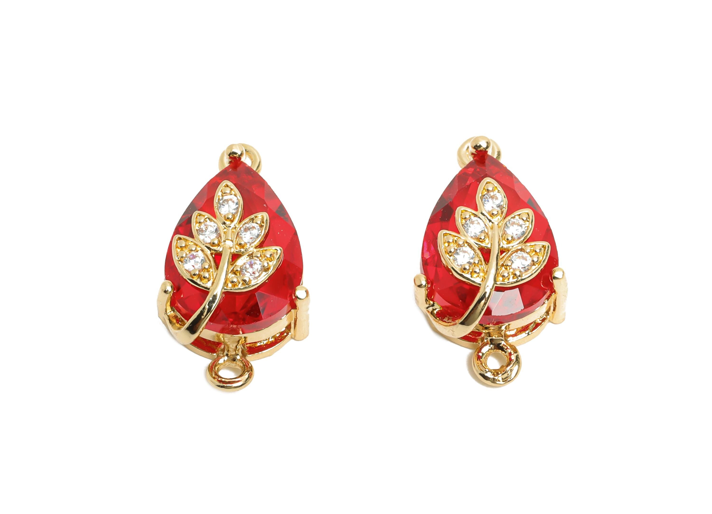 Teardrop Crystal Connector - Brass Dainty Red Glass with Leaf Charm - Artisan Crystal Jewelry - KC Gold Tone Plated - 20x11x10.57mm - GS1279 - DOMEDBAZAAR