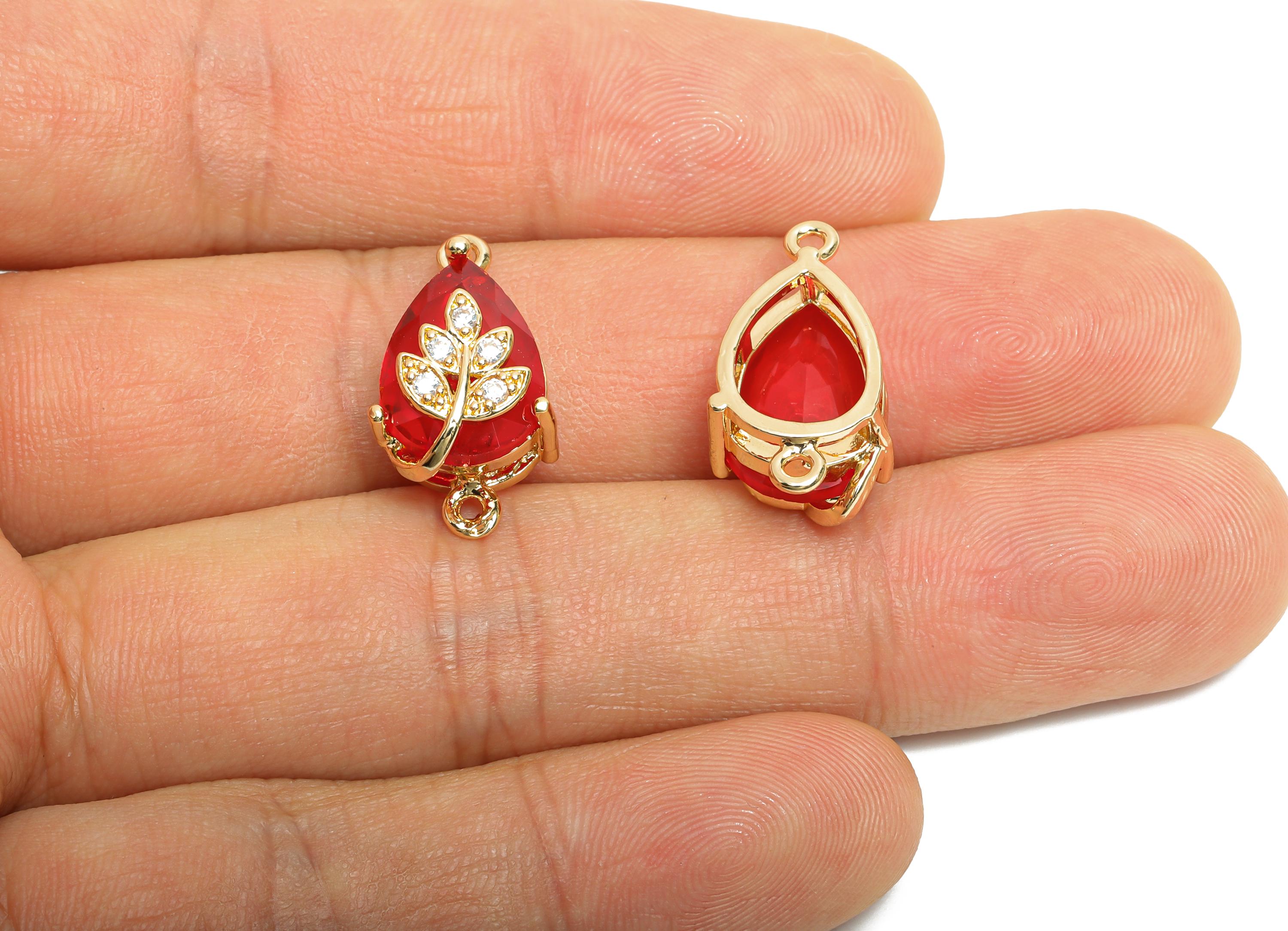 Teardrop Crystal Connector - Brass Dainty Red Glass with Leaf Charm - Artisan Crystal Jewelry - KC Gold Tone Plated - 20x11x10.57mm - GS1279 - DOMEDBAZAAR