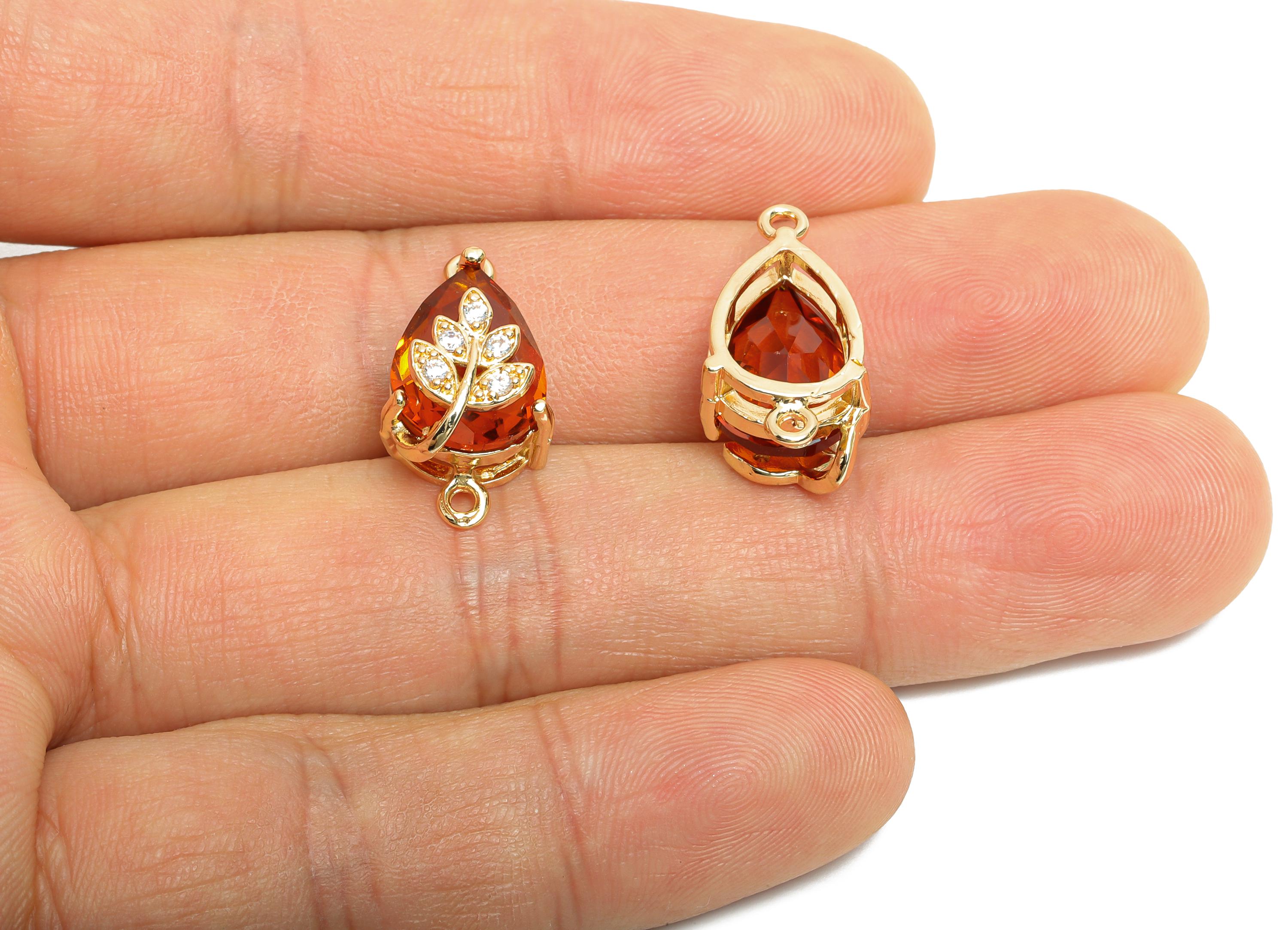 Teardrop Crystal Connector - Dainty Orange Glass with Leaf Charm - Brass Artisan Crystal Jewelry - KC Gold Plated - 20x11x10.57mm - GS1280 - DOMEDBAZAAR