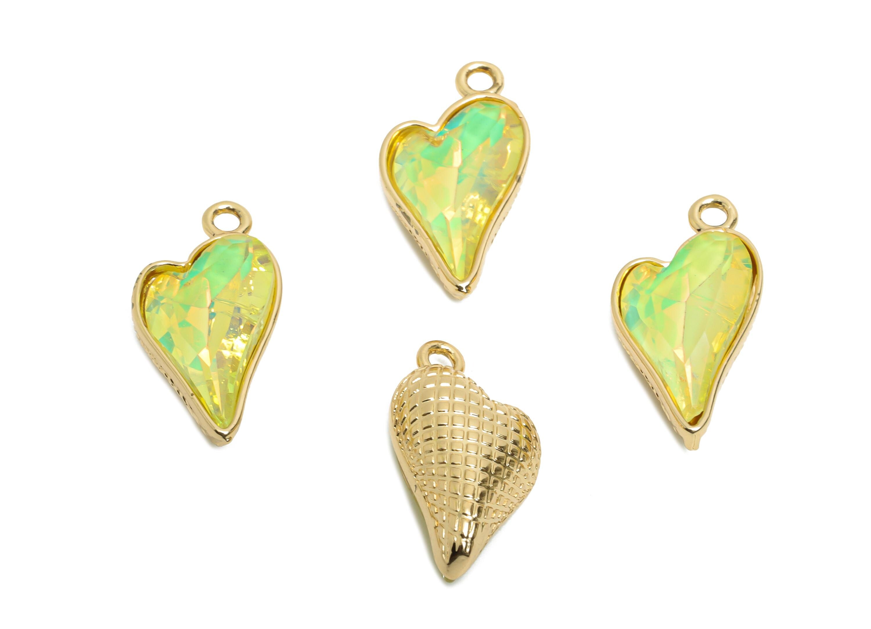 Heart Crystal Bracelet Charms - Textured Brass Crystal Dual-Sided Pendant - Unique Jewelry Component - KC Gold Plated - 19x10x5mm - GS1173 - DOMEDBAZAAR