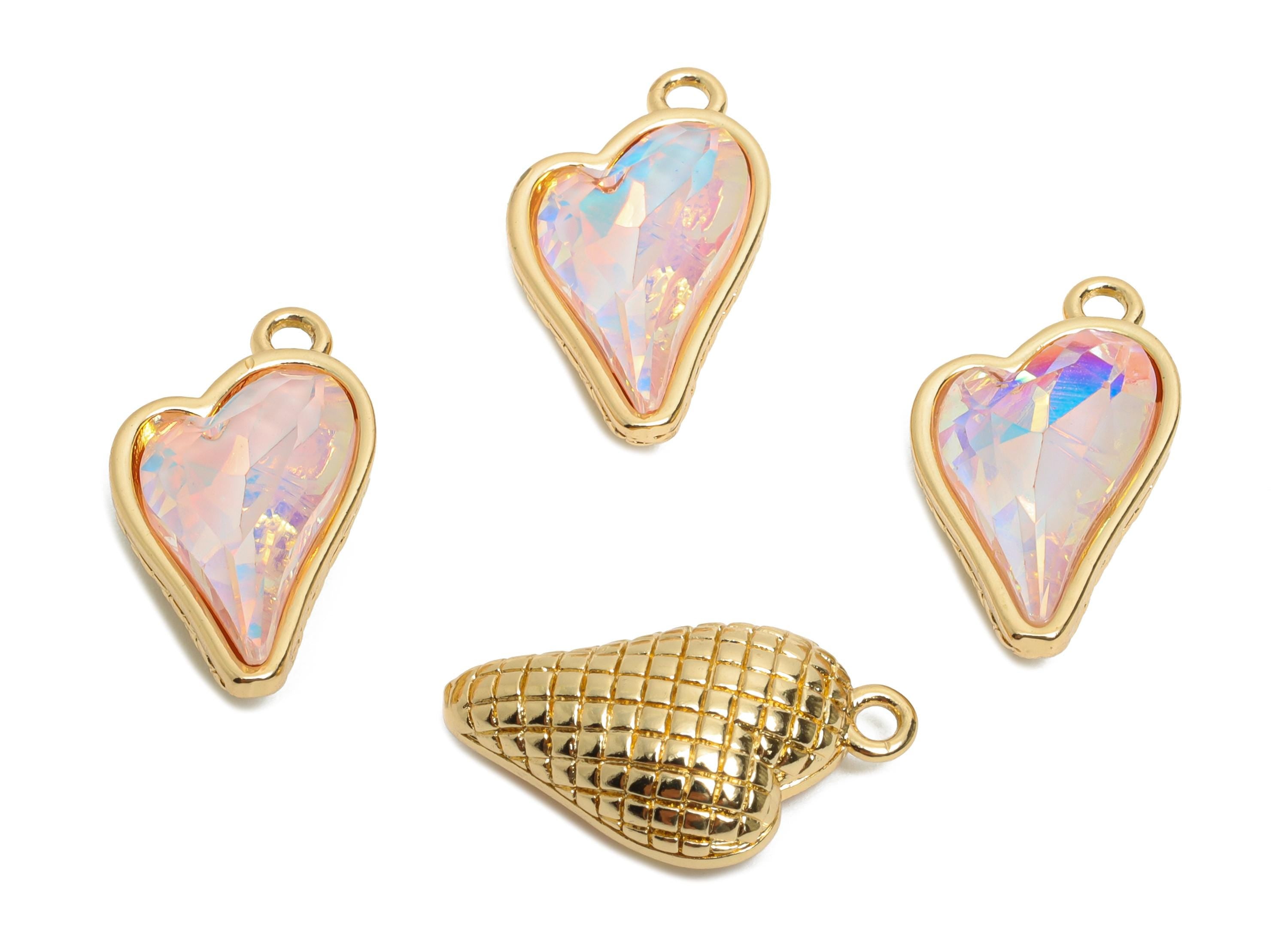 Heart Crystal Bracelet Charms - Brass Pink Crystal Dual-Sided Pendant - Unique Jewelry Component - KC Gold Tone Plated - 19x10x5mm - GS1175 - DOMEDBAZAAR