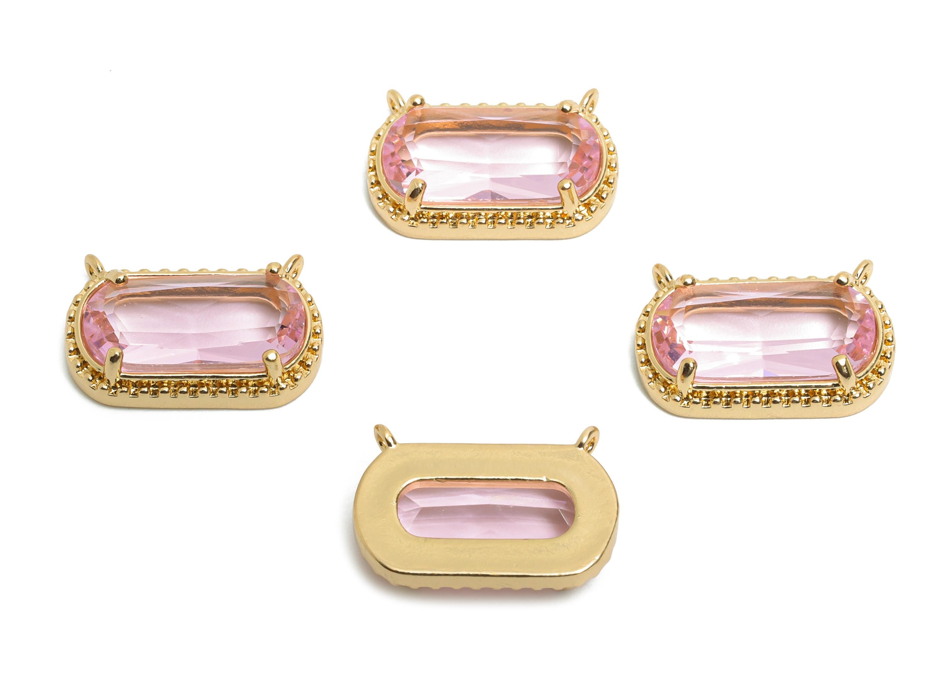 Brass Crystal Oval Pendant - Dainty Sparkling Pink Charm - Modern Oval Rectangular Stone Pendant - KC Gold Tone Plated - 16x11x4mm -GS1289 - DOMEDBAZAAR