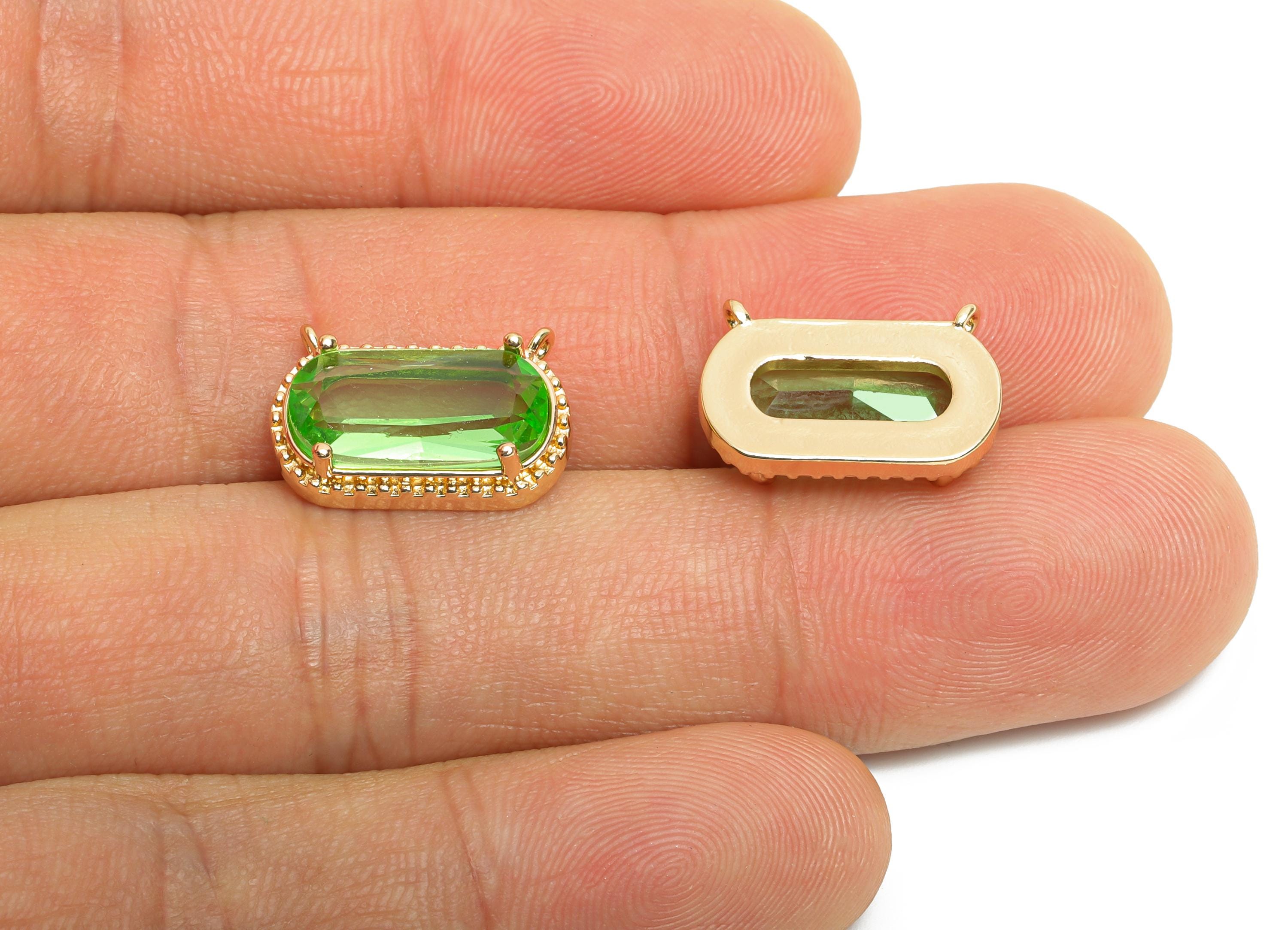 Brass Crystal Oval Pendant - Dainty Sparkling Green Charm - Modern Oval Rectangular Crystal Pendant - KC Gold Tone Plated -16x11x4mm-GS1293 - DOMEDBAZAAR