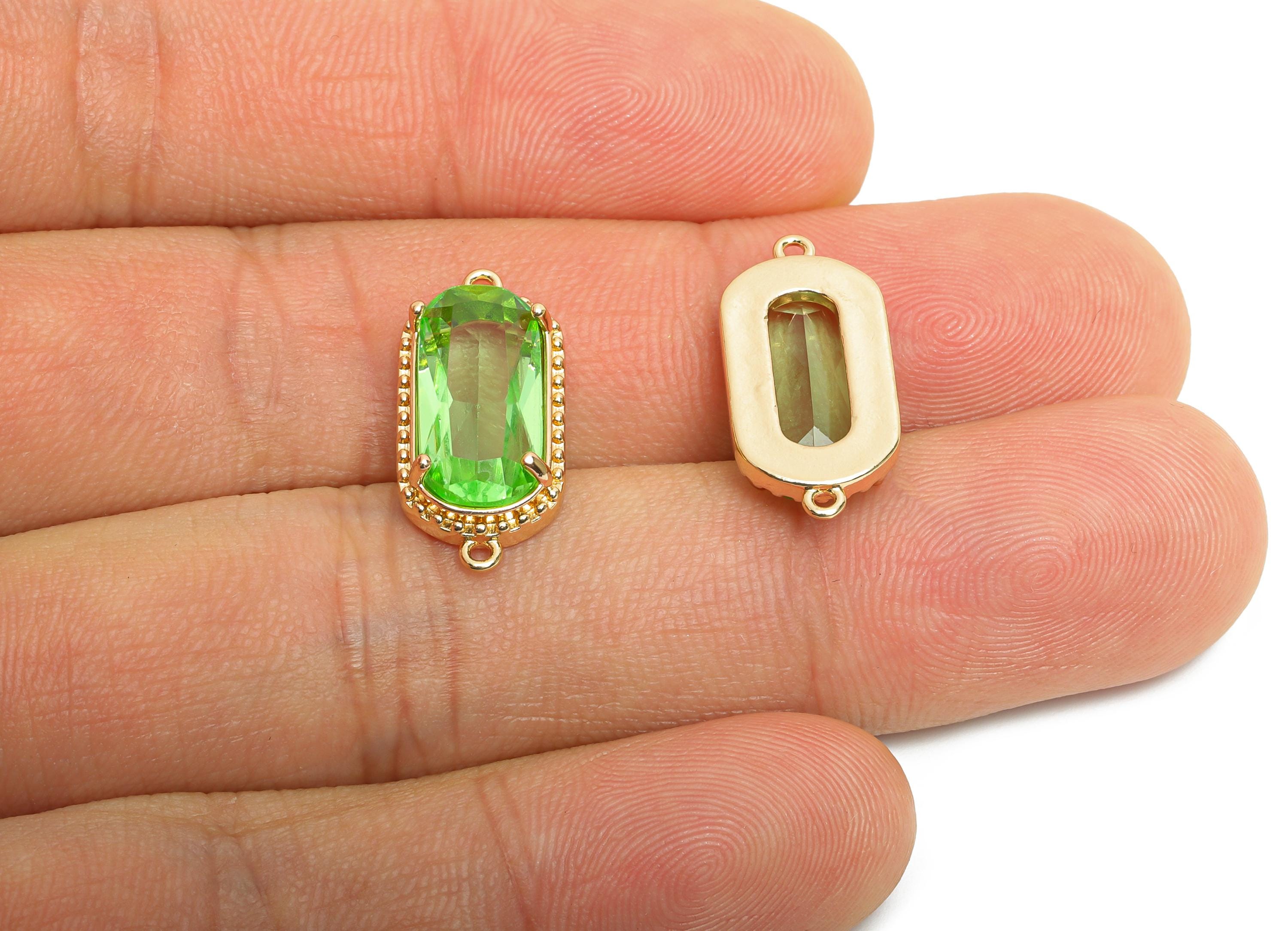 Brass Crystal Connector - Dainty Green Frame Pendant - Sparking Oval Rectangular Stone Bracelet - KC Gold Tone Plated - 20x9x4mm - GS1306 - DOMEDBAZAAR