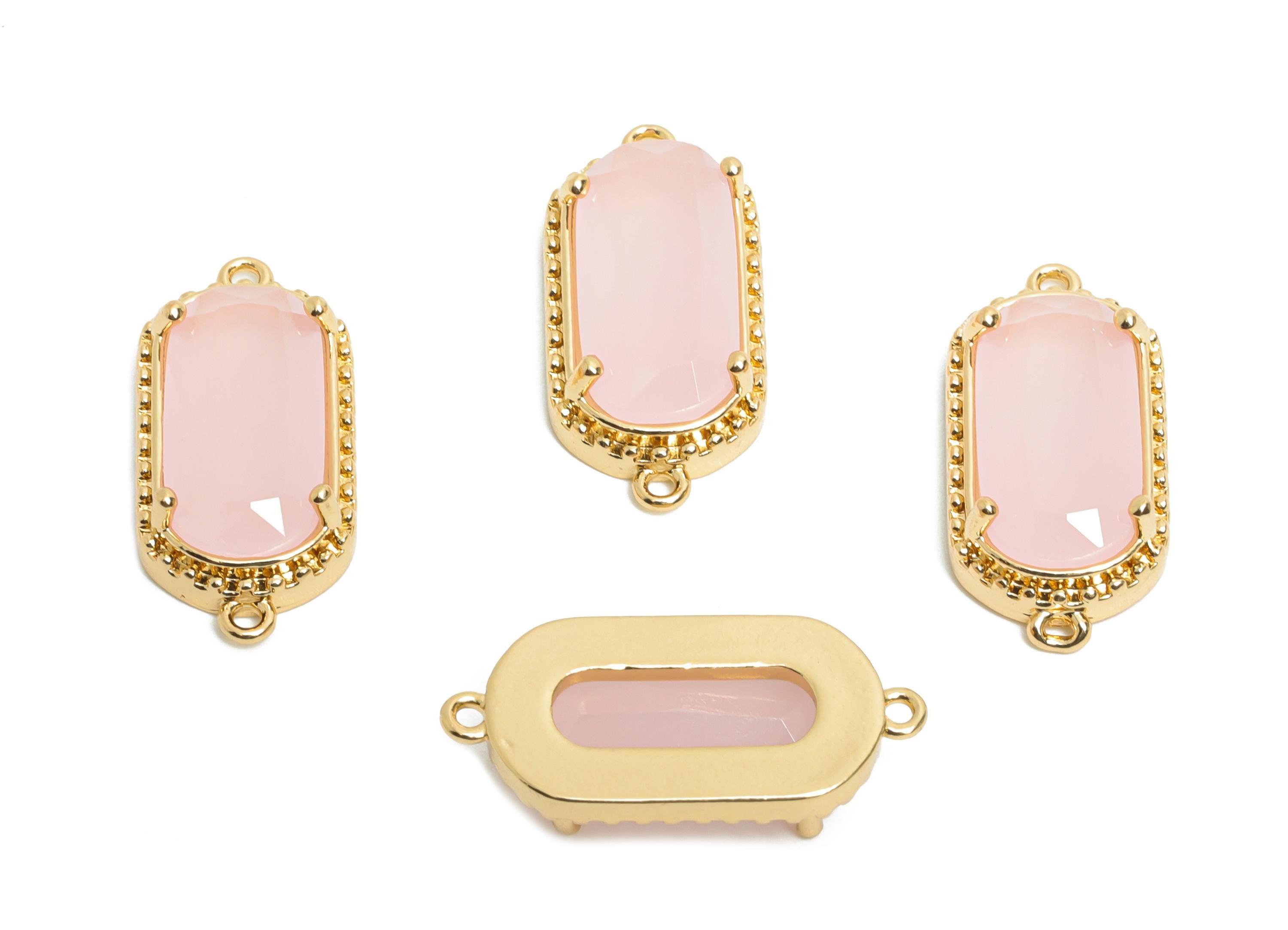 Brass Crystal Connector - Dainty Pink Frame Pendant - Sparking Oval Rectangular Stone Bracelet - KC Gold Tone Plated - 20x9x4mm - GS1210 - DOMEDBAZAAR