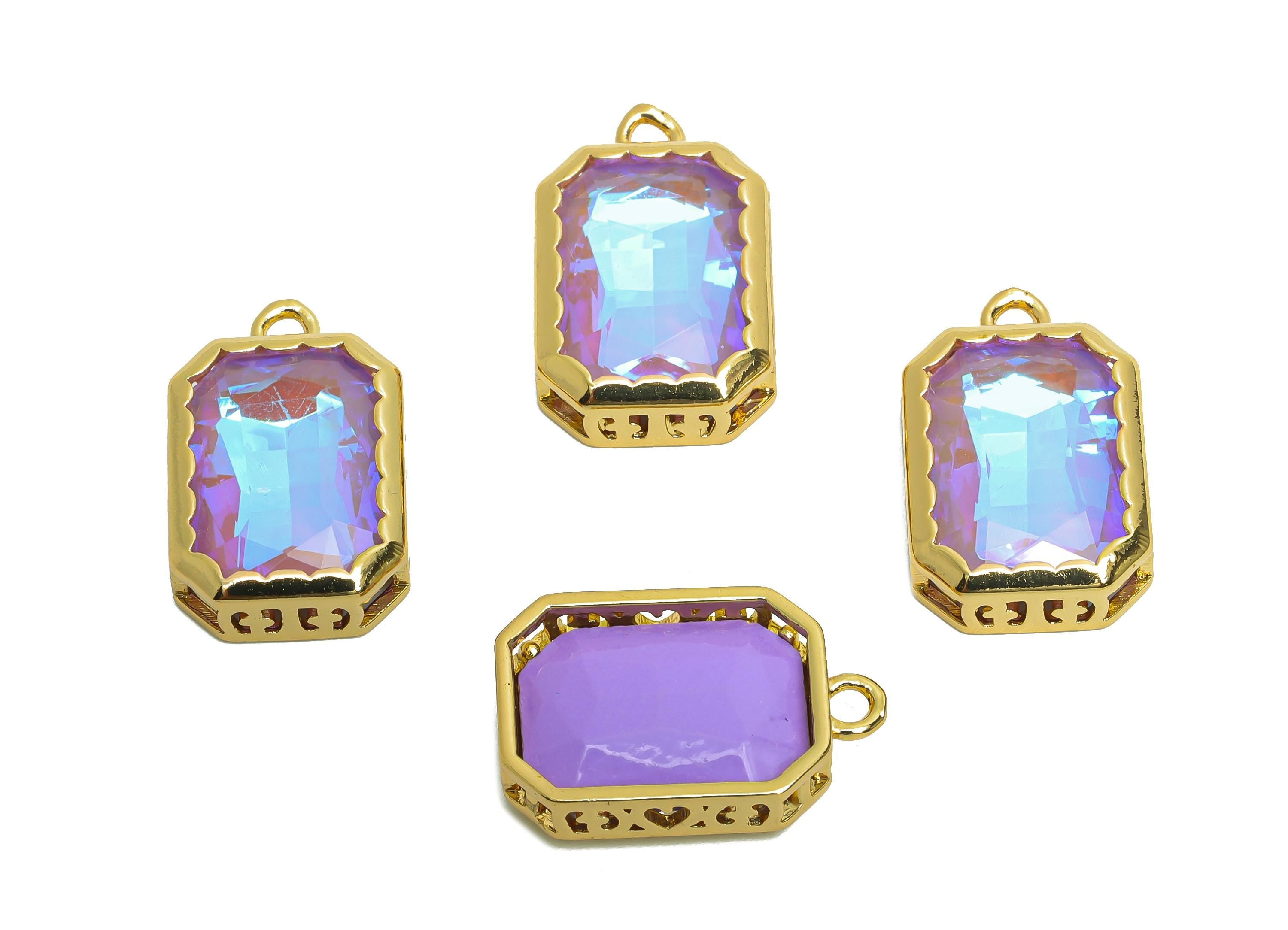 Rectangular Glass Charm - Faceted Artisan Multicolor Pendant - Dazzling Iridescent Crystal Charm - KC Gold Plated - 18x12x5mm- GS1164 - DOMEDBAZAAR