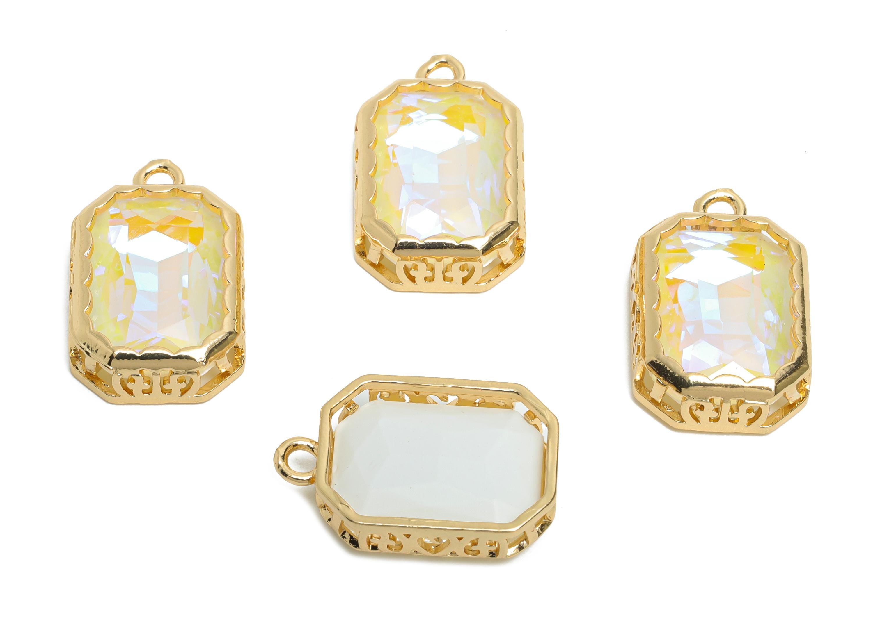 Rectangular Glass Charm - Artisan Sparking Geometry Pendant - Dazzling Faceted Crystal Charm - KC Gold Tone Plated - 18x12x5mm- GS1167 - DOMEDBAZAAR