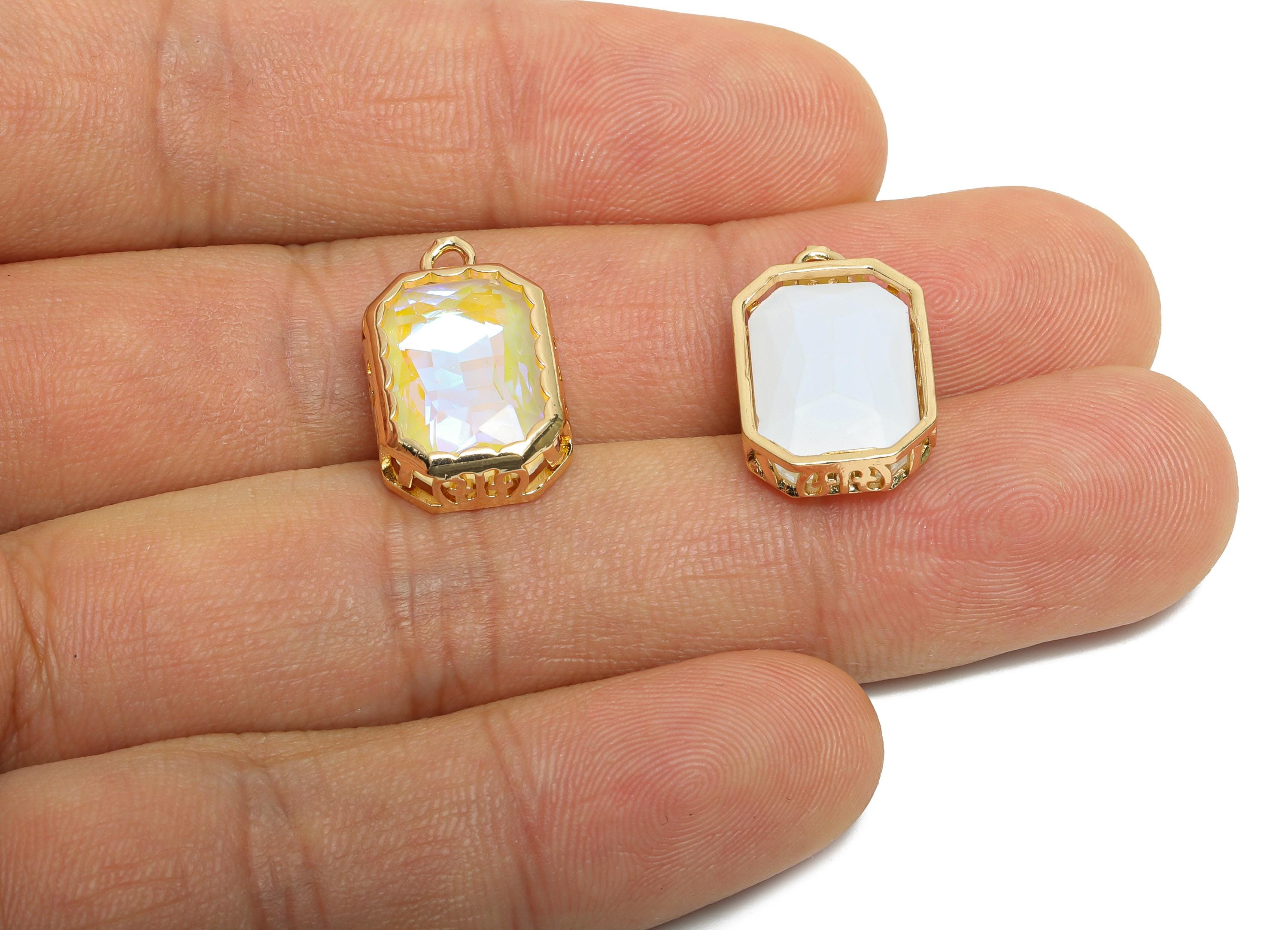 Rectangular Glass Charm - Artisan Sparking Geometry Pendant - Dazzling Faceted Crystal Charm - KC Gold Tone Plated - 18x12x5mm- GS1167 - DOMEDBAZAAR