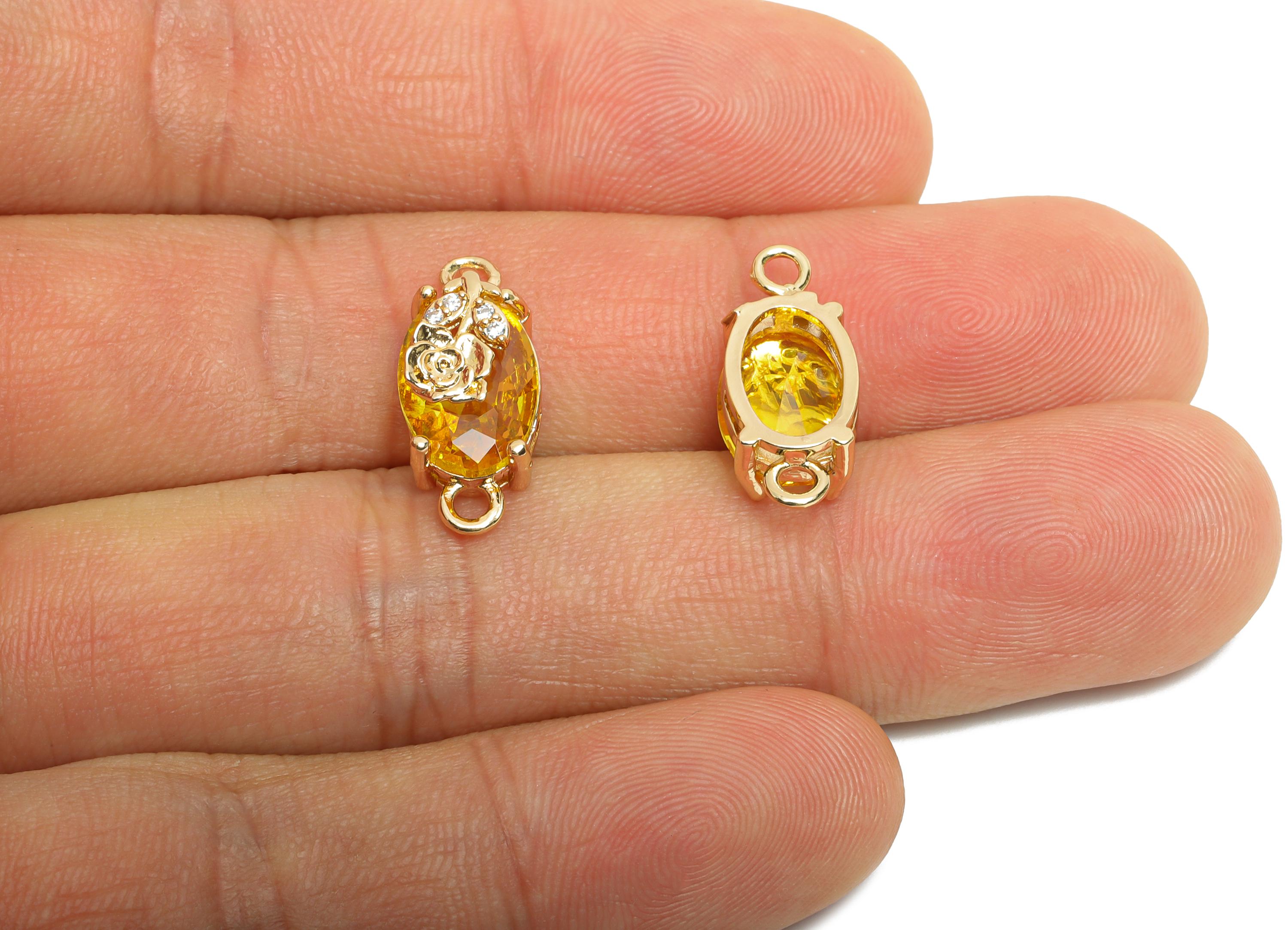 Yellow Crystal Rose Connector - Faceted Oval Glass with Rose Connector - Brass Romantic Jewelry - KC Gold Tone Plated - 19x8x6.52mm- GS1299 - DOMEDBAZAAR