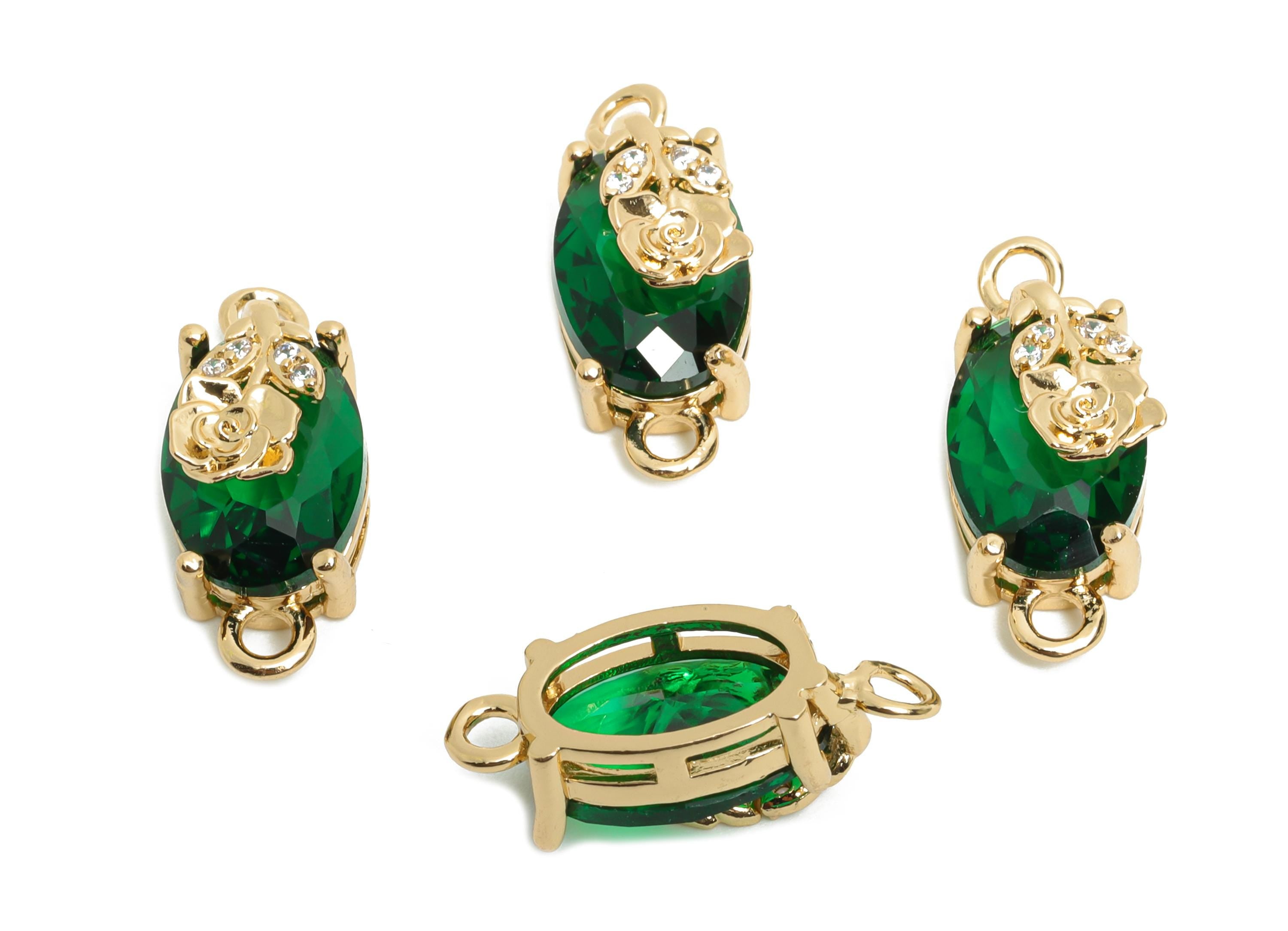 Green Crystal Rose Connector - Luxury Faceted Oval Glass Connector with Zircon - Romantic Jewelry - KC Gold Plated Brass -19x8x6.5mm -GS1300 - DOMEDBAZAAR