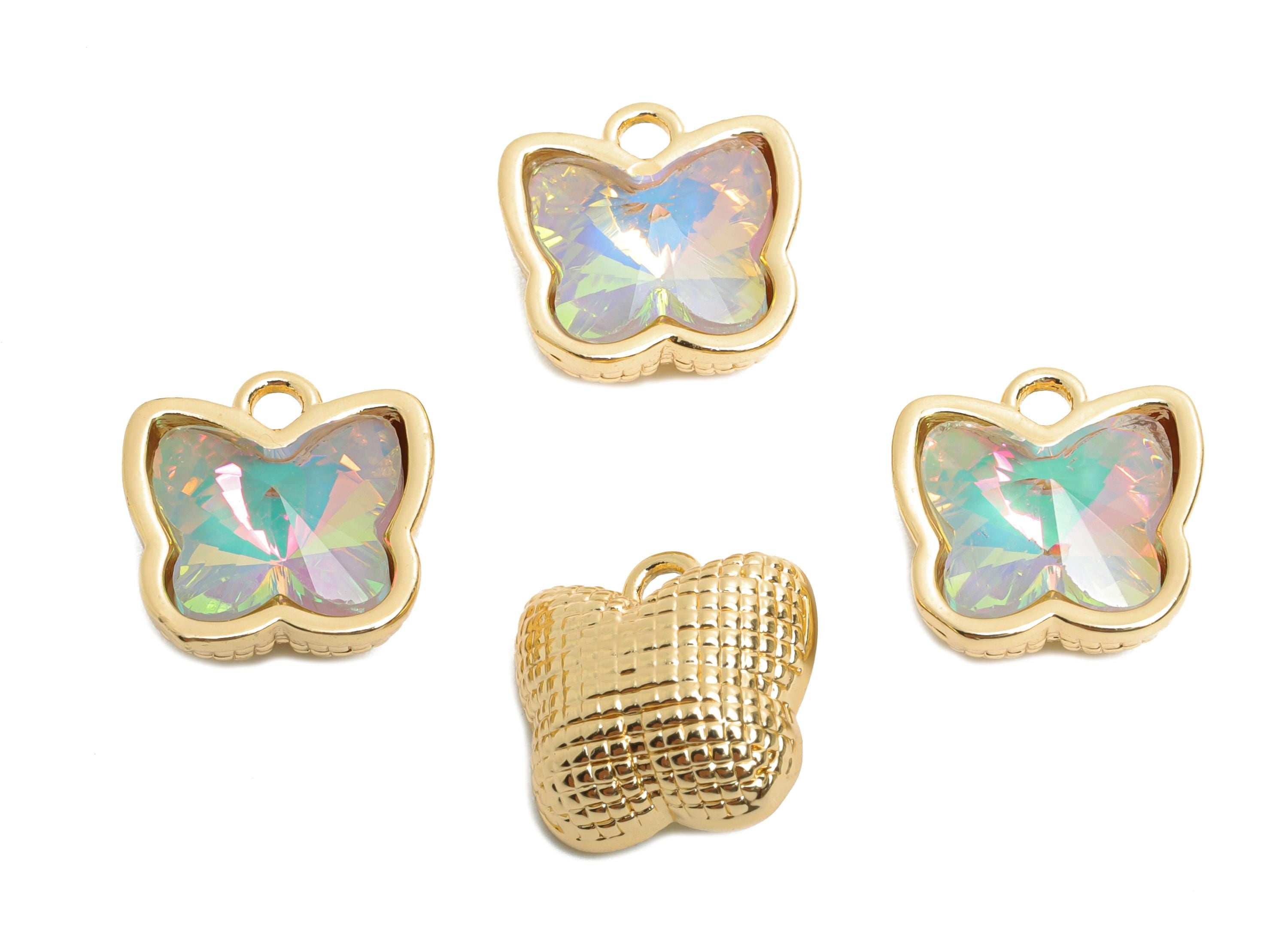 Butterfly Crystal Bracelet Charm - Textured Brass Crystal Dual-Sided Necklace Pendant - Unique Jewelry - KC Gold Plated - 13x12x7mm - GS1316 - DOMEDBAZAAR