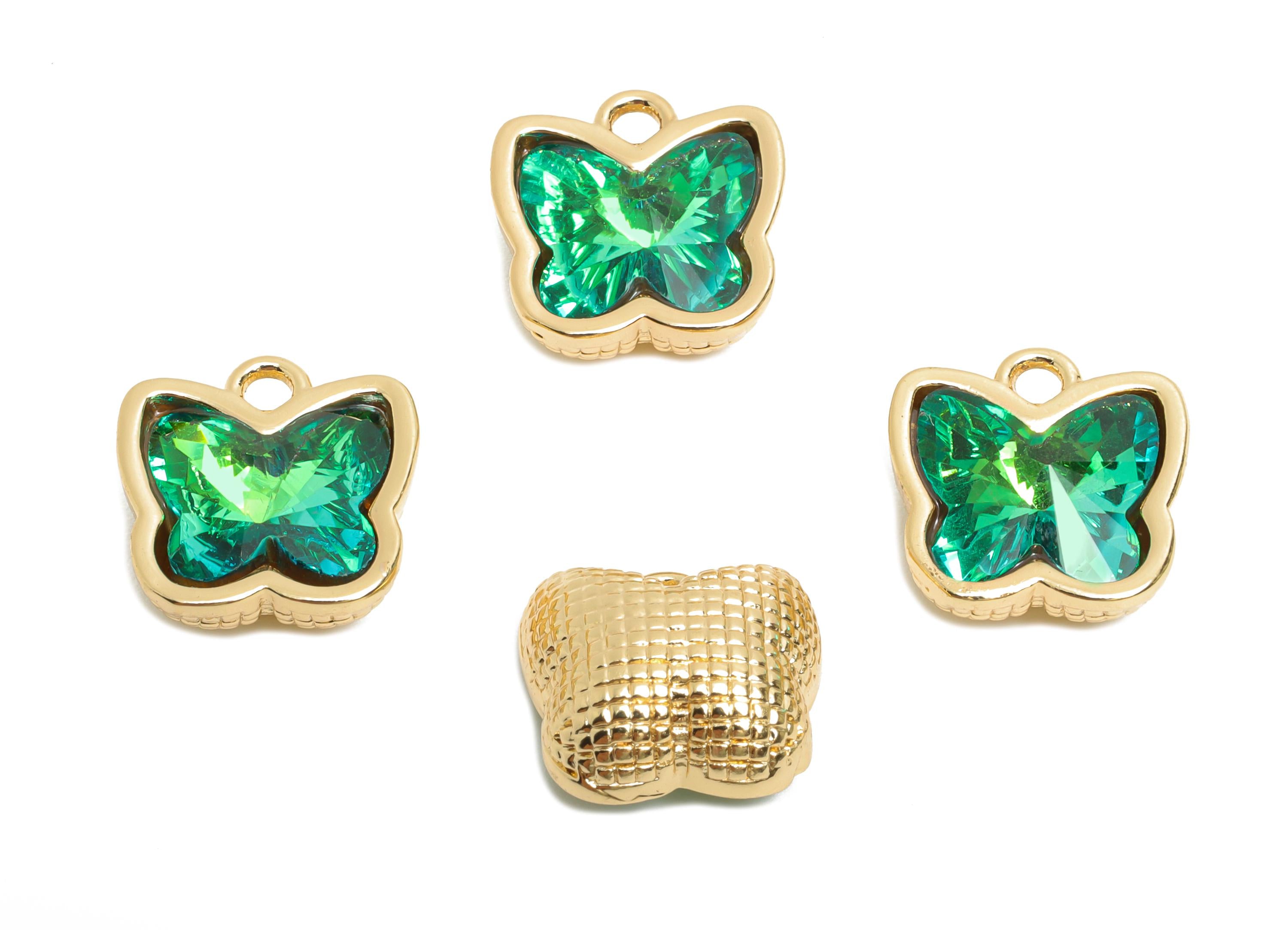 Butterfly Crystal Bracelet Charms - Brass Green Crystal Dual-Sided Necklace Pendant - Elegant Jewelry - KC Gold Plated - 13x12x7mm - GS1318 - DOMEDBAZAAR