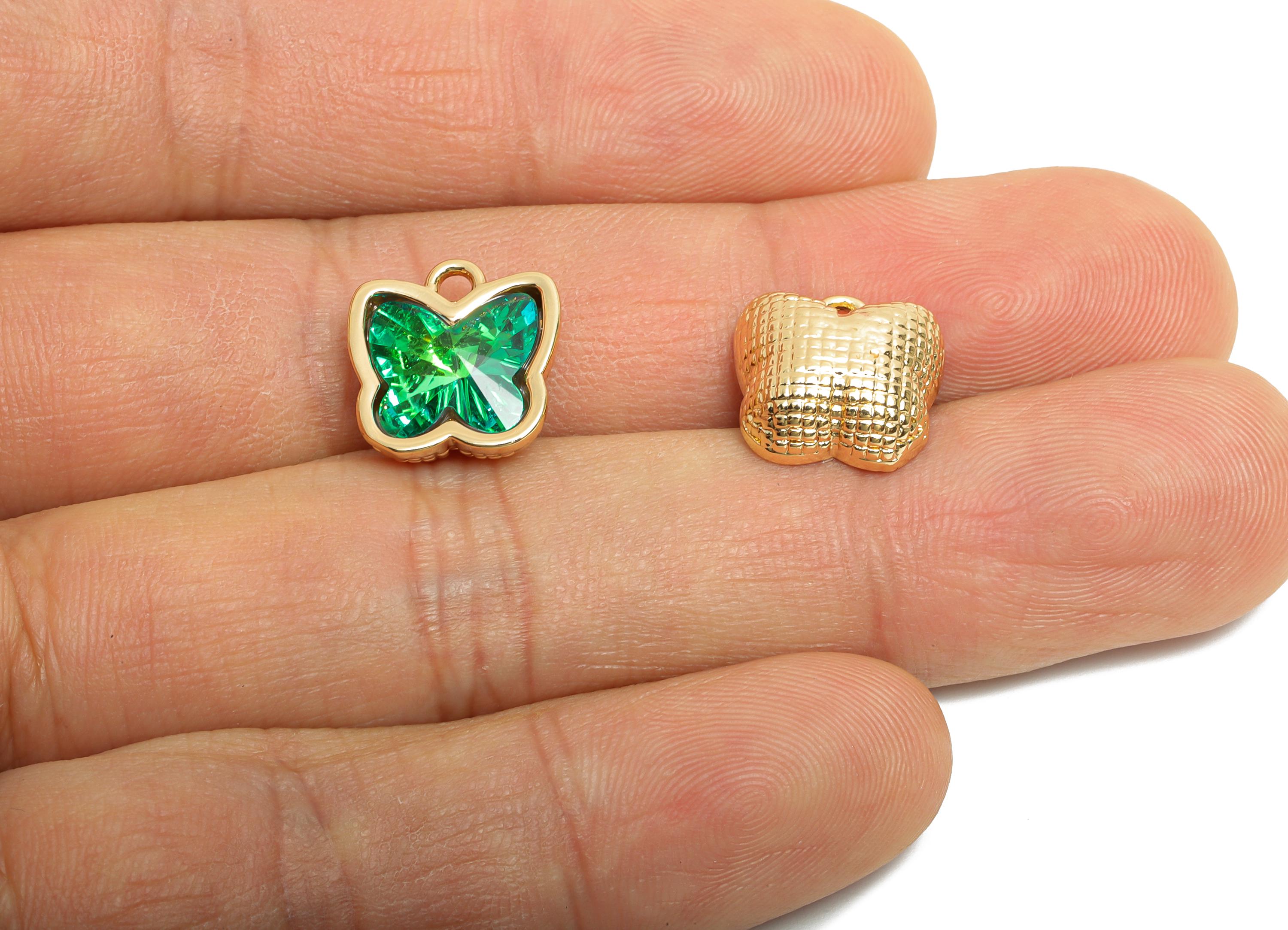 Butterfly Crystal Bracelet Charms - Brass Green Crystal Dual-Sided Necklace Pendant - Elegant Jewelry - KC Gold Plated - 13x12x7mm - GS1318 - DOMEDBAZAAR