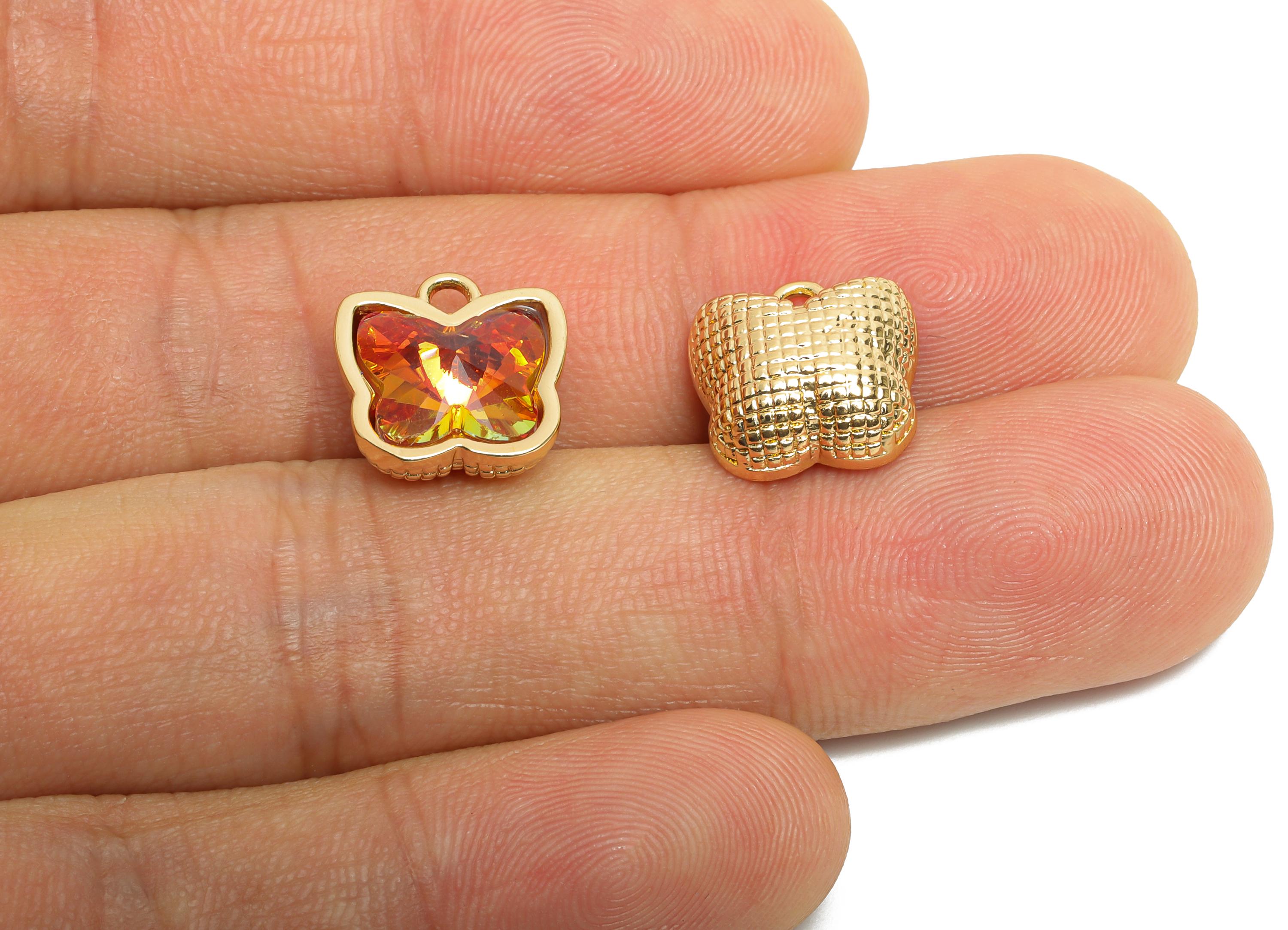 Butterfly Crystal Bracelet Charm - Brass Colorful Crystal Dual-Sided Necklace Pendant - Luxury Jewelry - KC Gold Plated - 13x12x7mm - GS1317 - DOMEDBAZAAR