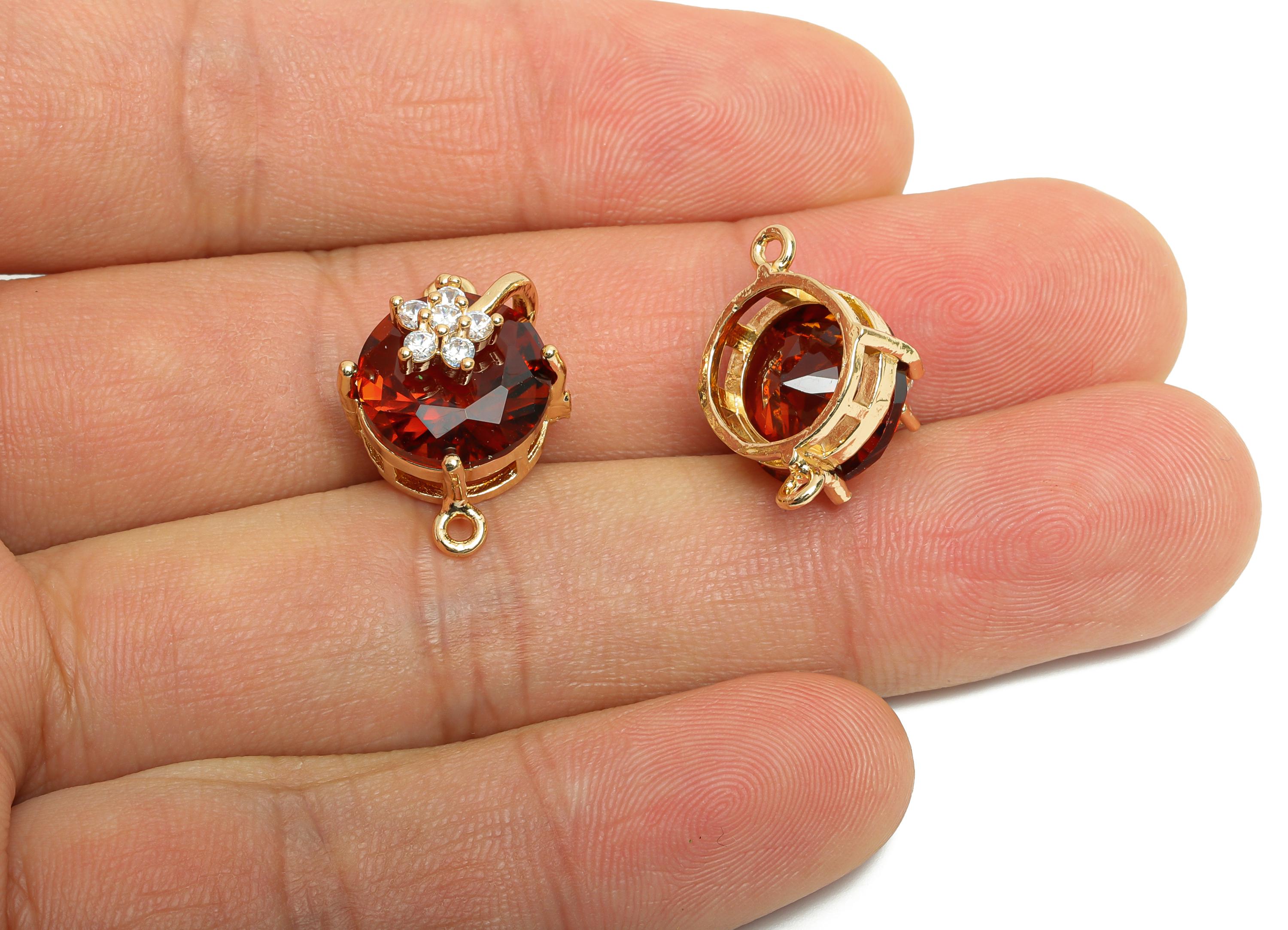 Round Garnet Crystal Connector - Brass Sparking Charm For Necklace - Faceted Stone with Flower - KC Gold Tone Plated - 20x13x12mm - GS1288 - DOMEDBAZAAR