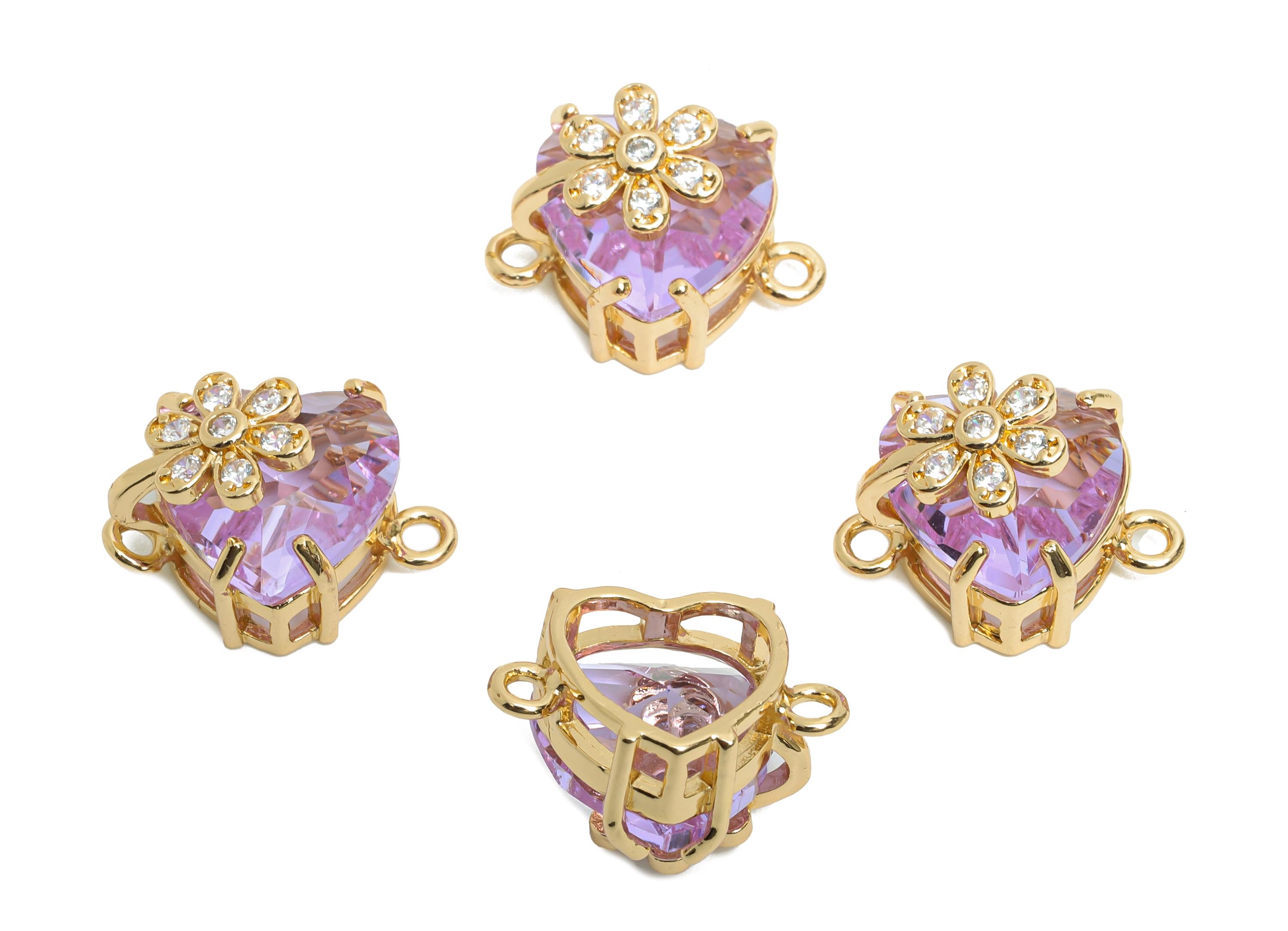 Brass Heart Crystal Connector - Brass Sparking Charm For Necklace - Faceted Stone with Flower - KC Gold Tone Plated - 17x11x10mm - GS1220 - DOMEDBAZAAR