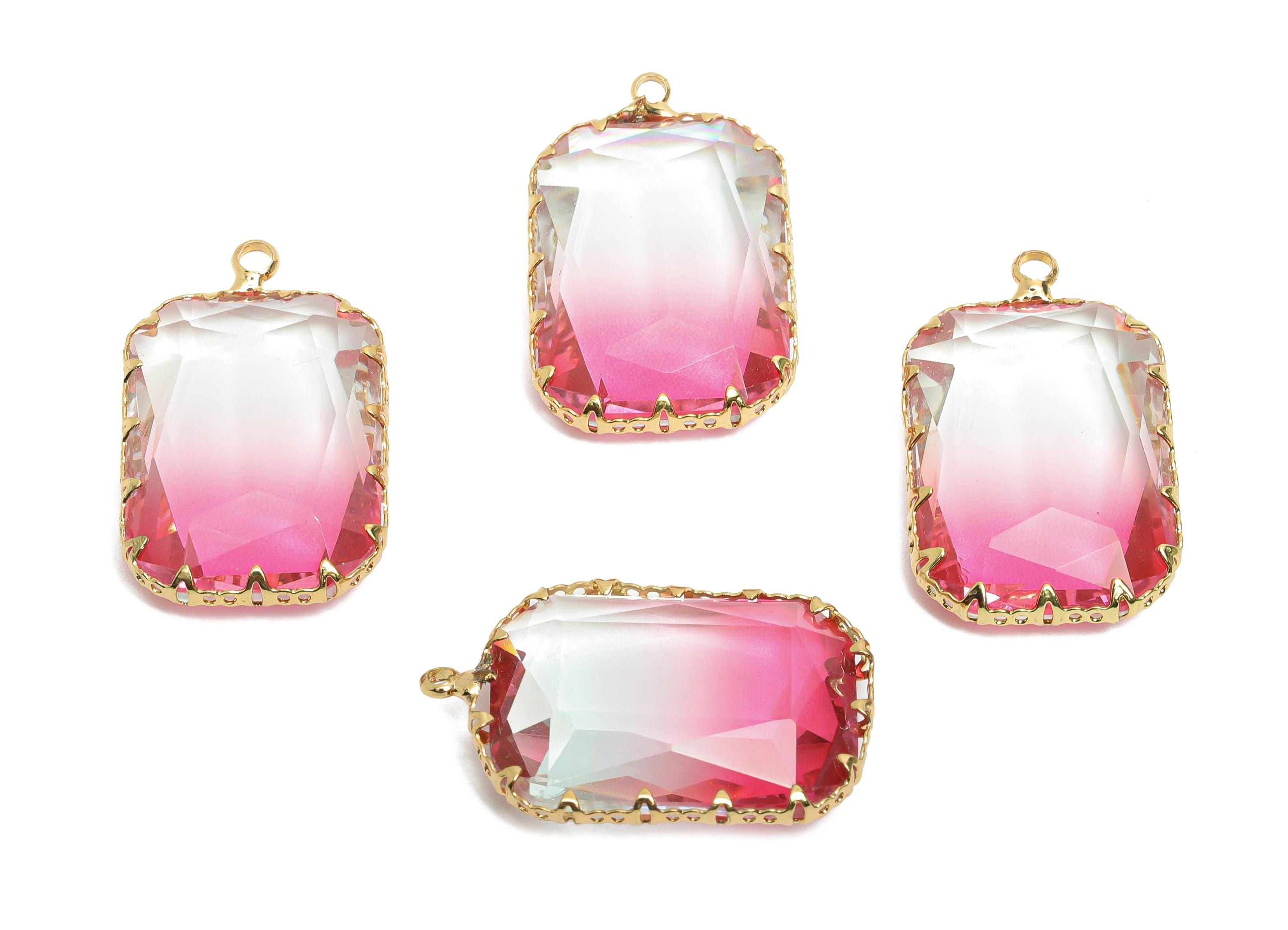 Pink Crystal Pendant - Brass Faceted Gradient Stone Pendant - Translucent Gradient Glass - KC Gold Tone Plated - 30.8x18.74x7mm - GS1212 - DOMEDBAZAAR