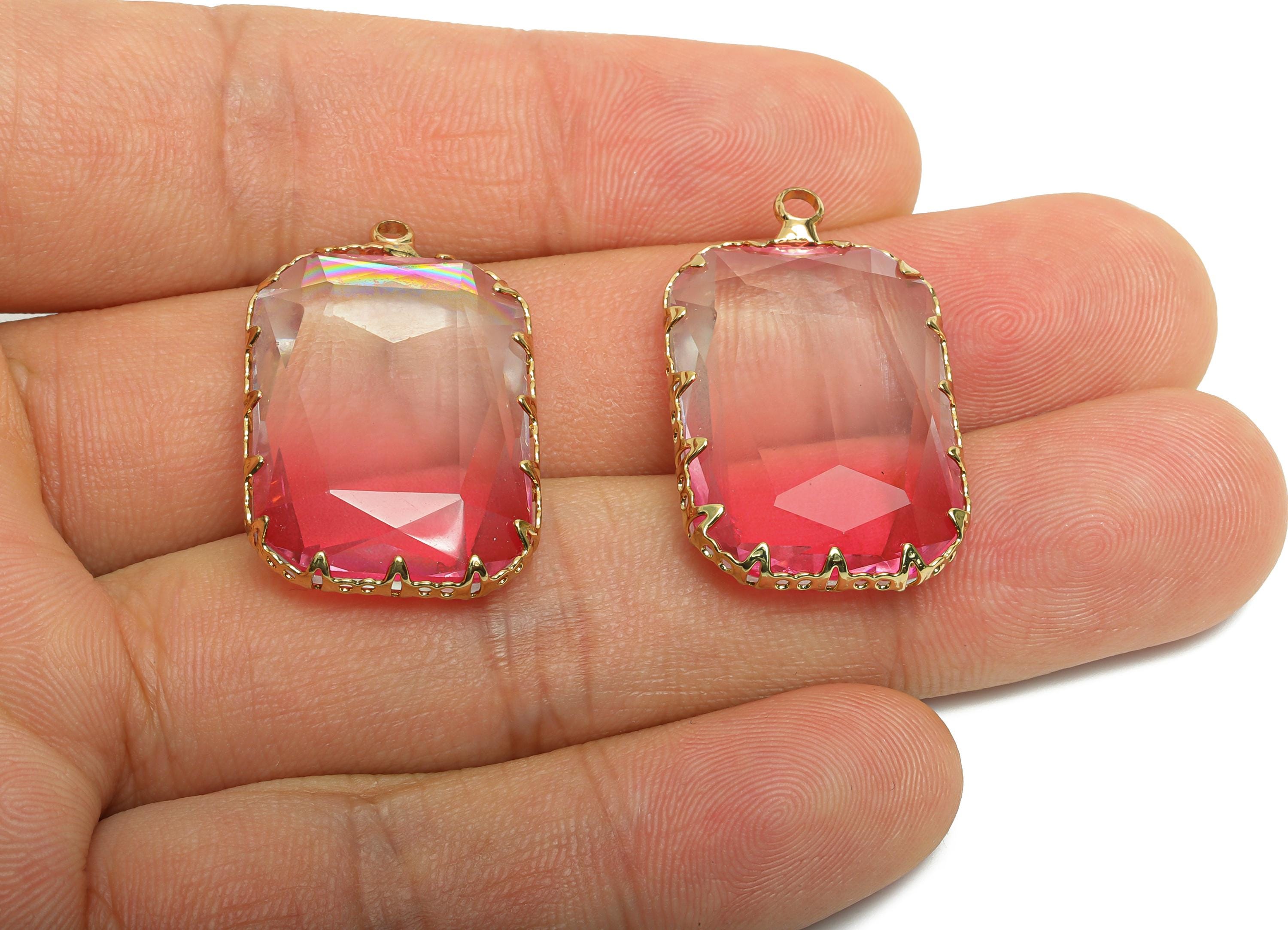 Pink Crystal Pendant - Brass Faceted Gradient Stone Pendant - Translucent Gradient Glass - KC Gold Tone Plated - 30.8x18.74x7mm - GS1212 - DOMEDBAZAAR