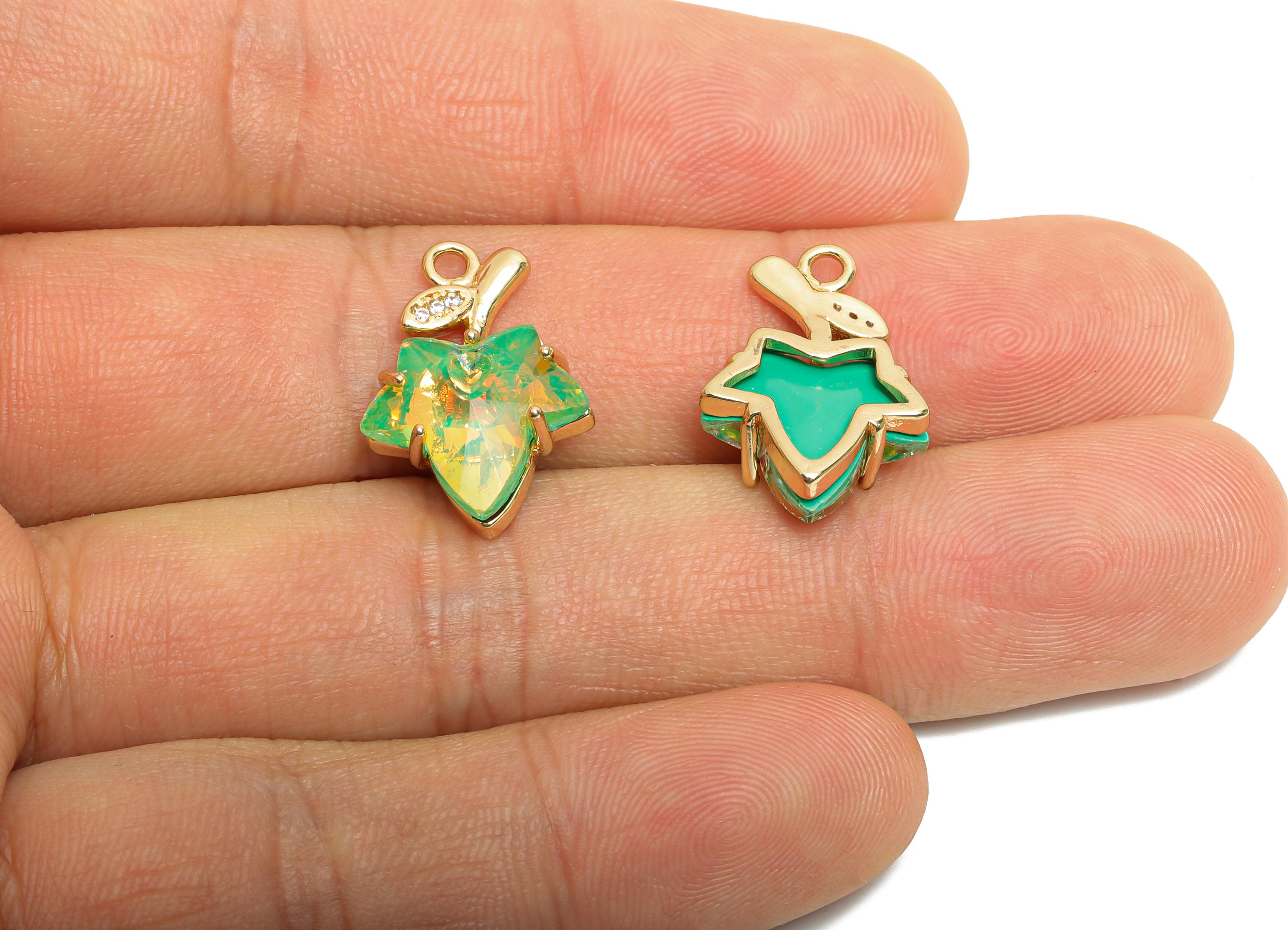 Maple Leaf Crystal Charm - Green Crystal Zircon Leaf Necklace Pendant - Sparkling Jewelry - KC Gold Tone Plated - 19.4x13.14x5.57mm - GS1182 - DOMEDBAZAAR