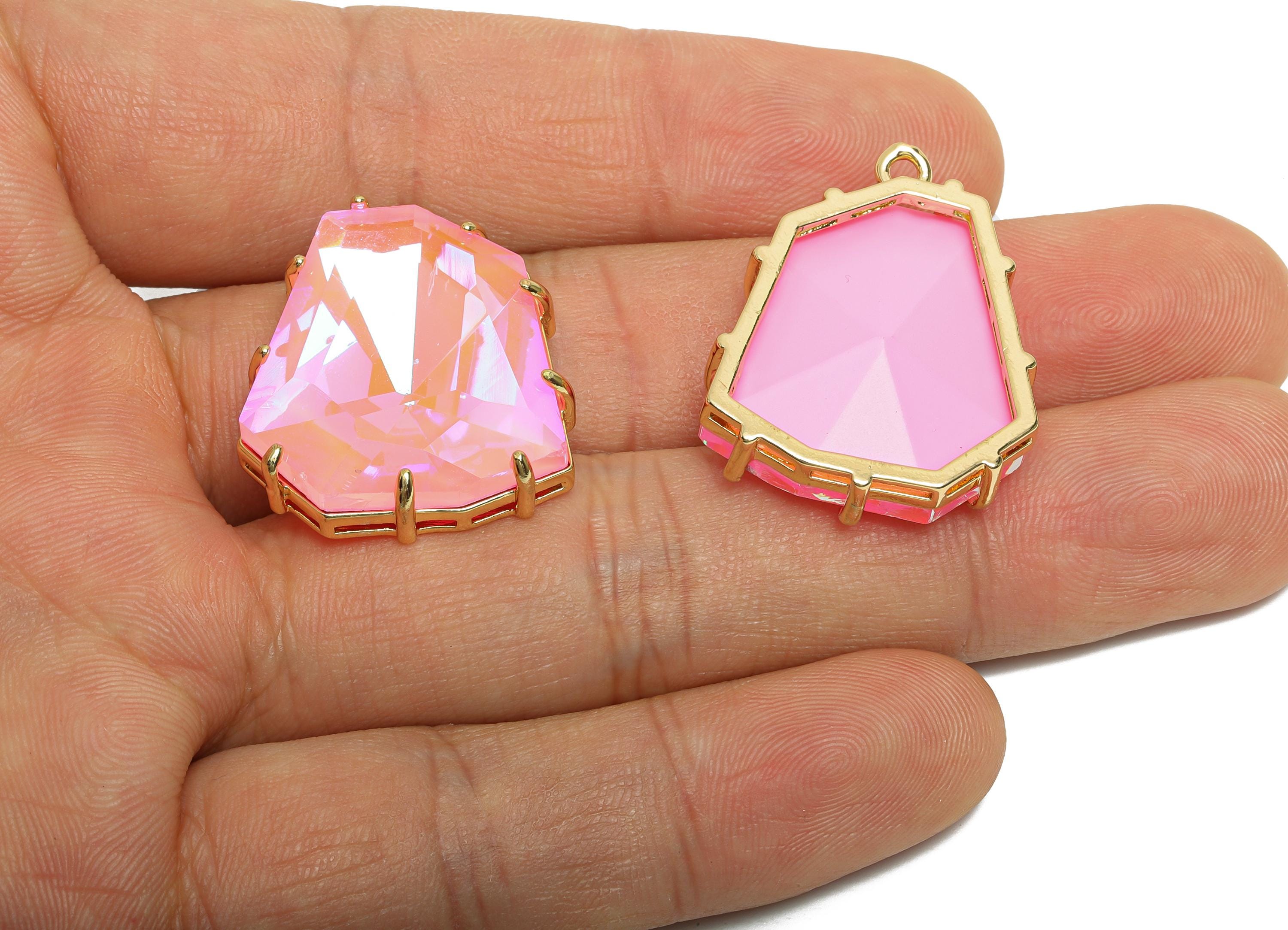 Pink Crystal Pendant - Brass Faceted Gradient Stone Pendant - Dainty Geometry Gradient Glass - KC Gold Tone Plated - 29x22x8mm - GS1202 - DOMEDBAZAAR