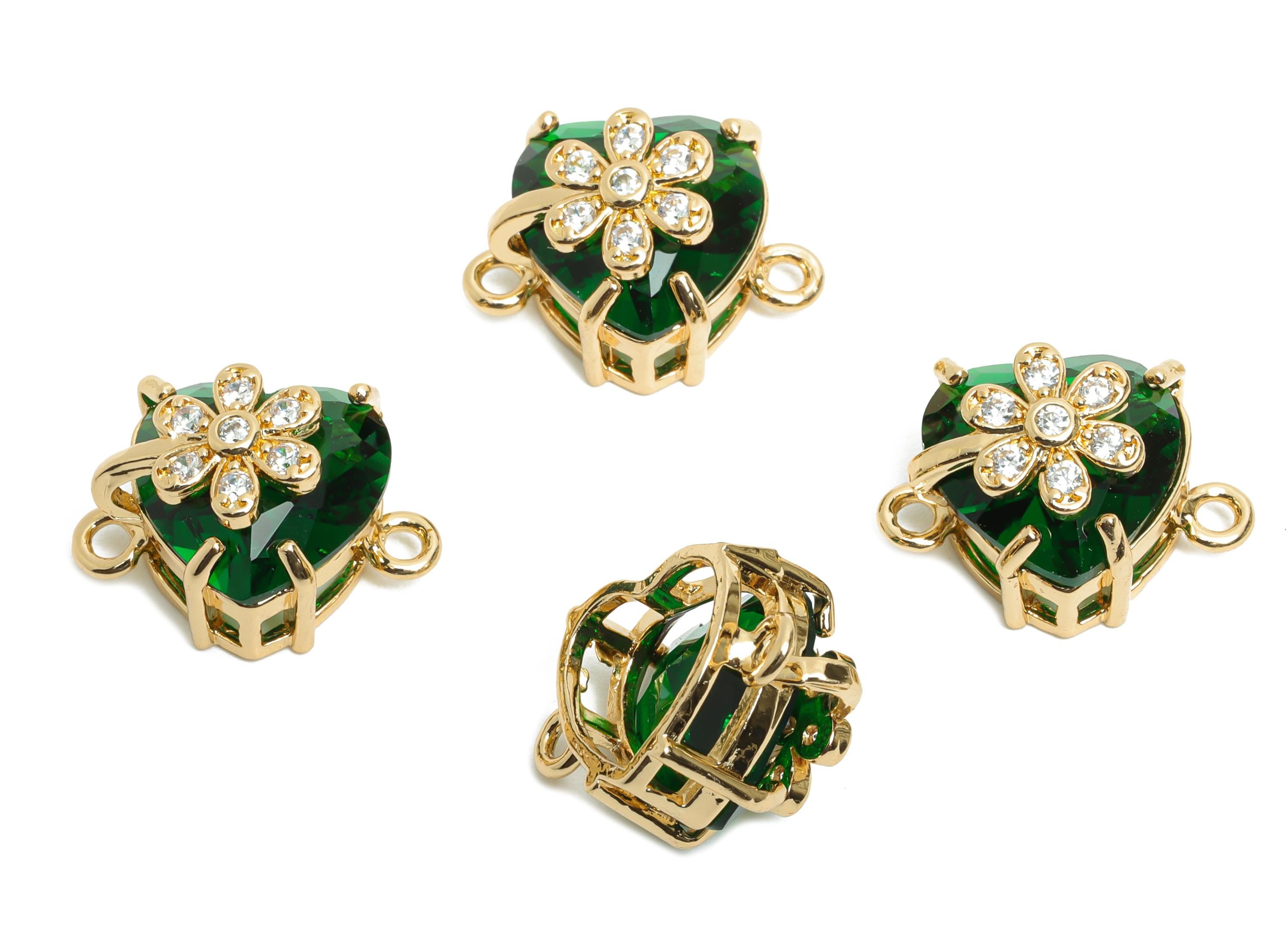 Brass Heart Crystal Connector - Green Sparking Charm For Necklace - Faceted Stone with Flower - KC Gold Tone Plated - 17x11x10mm - GS1222 - DOMEDBAZAAR