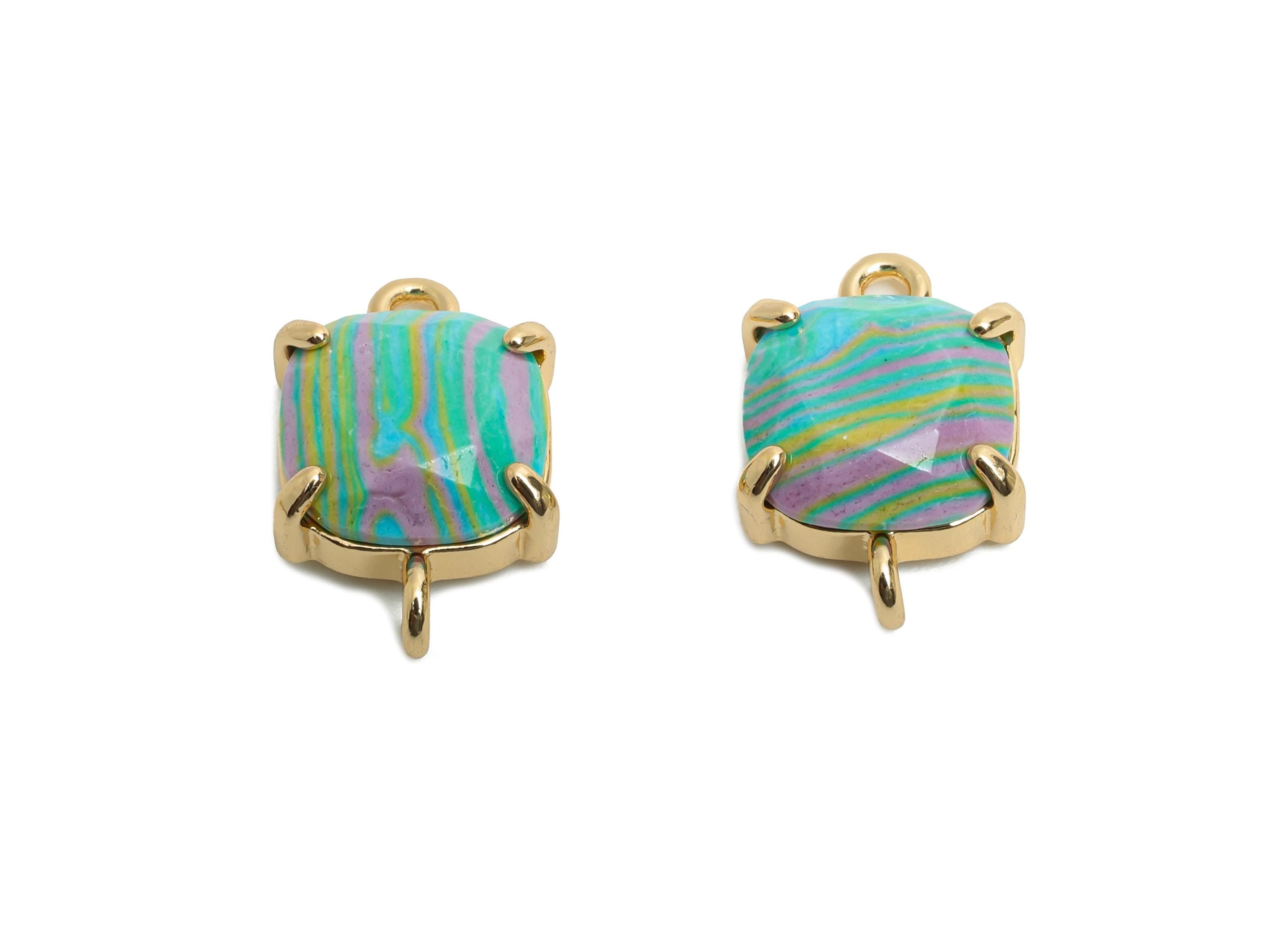 Square Glass Bracelet Connector - Brass Rainbow Faceted Crystal Charm - Modern Square Jewelry - KC Gold Tone Plated - 16x10x5.57mm - GS1239 - DOMEDBAZAAR