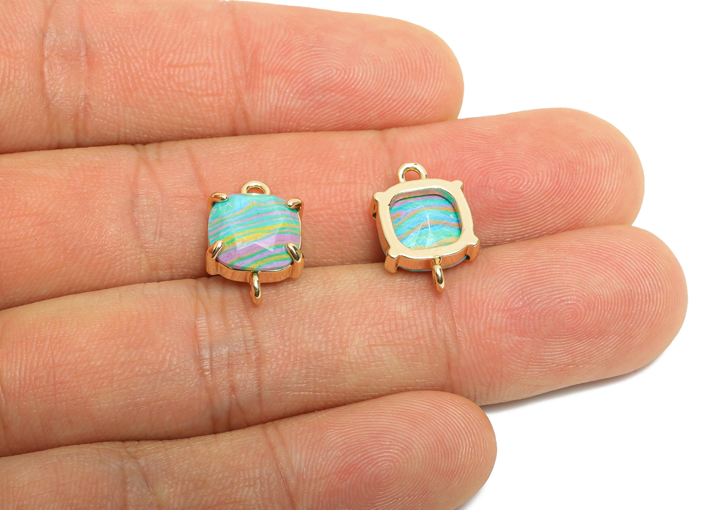 Square Glass Bracelet Connector - Brass Rainbow Faceted Crystal Charm - Modern Square Jewelry - KC Gold Tone Plated - 16x10x5.57mm - GS1239 - DOMEDBAZAAR