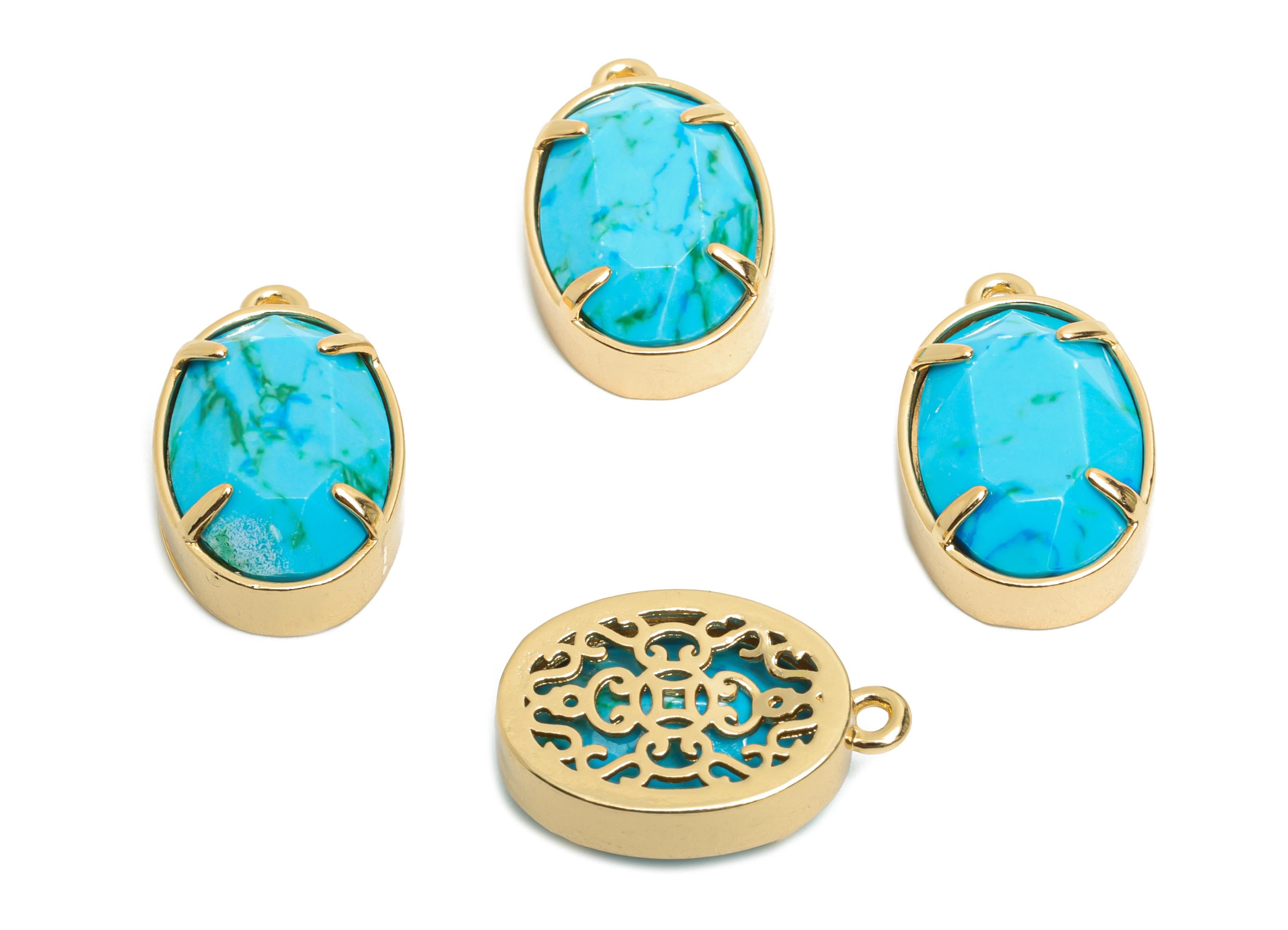 Blue Oval Glass Pendant - Faceted Glass Pendant for Necklace - Refined Crystal Jewelry - KC Gold Tone Plated Brass - 18x11.7x6mm - GS1313 - DOMEDBAZAAR