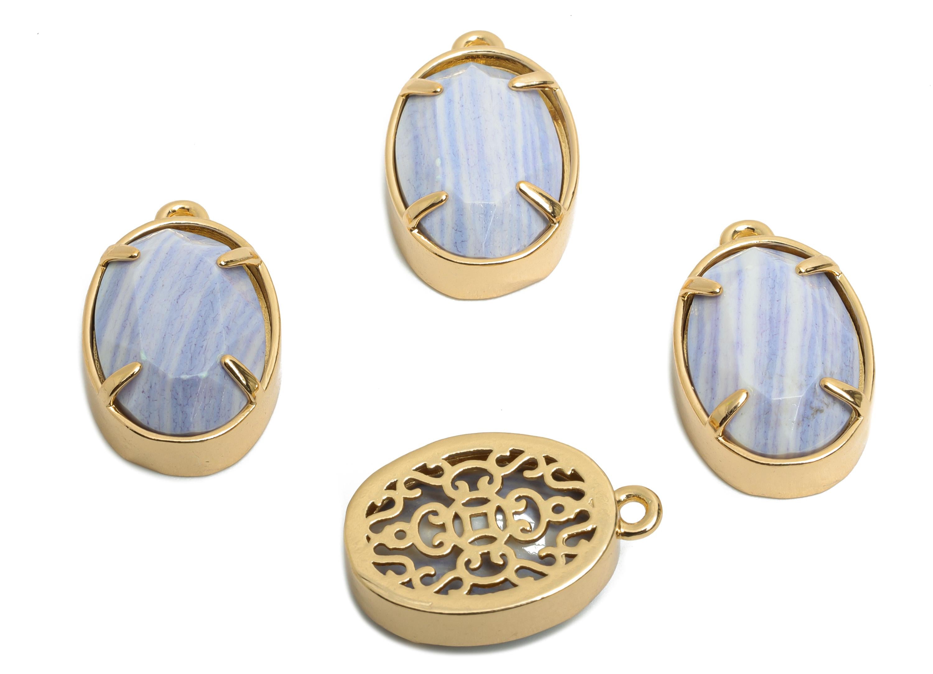 Oval Faceted Glass Pendant - Purple and White Glass Pendant for Necklace - Crystal Jewelry - KC Gold Plated Brass - 18.2x11.7x6mm - GS1314 - DOMEDBAZAAR