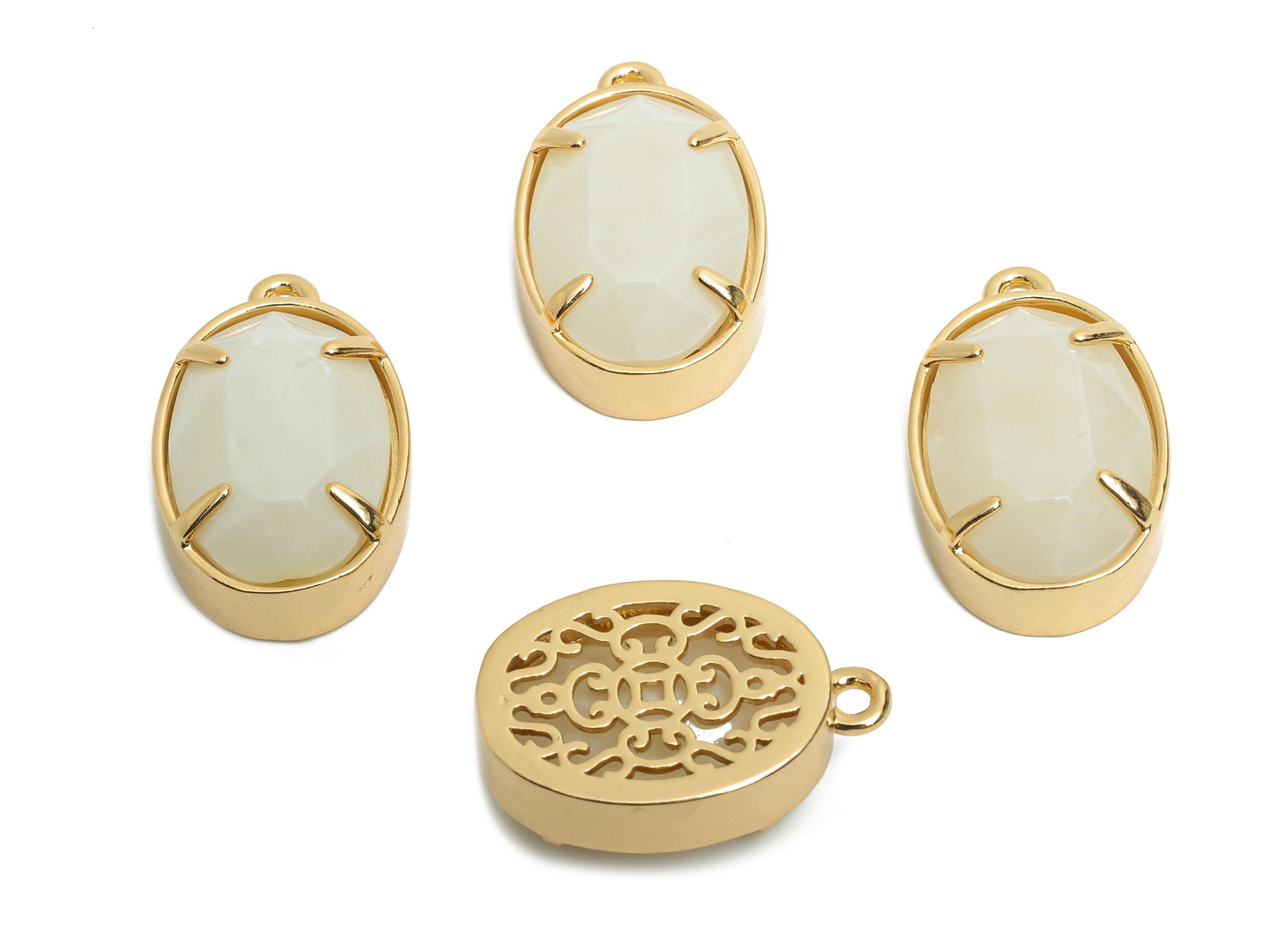 White Oval Glass Pendant - Faceted Glass Pendant for Necklace - Simple Crystal Jewelry - KC Gold Tone Plated Brass - 18x11.7x6mm - GS1315 - DOMEDBAZAAR