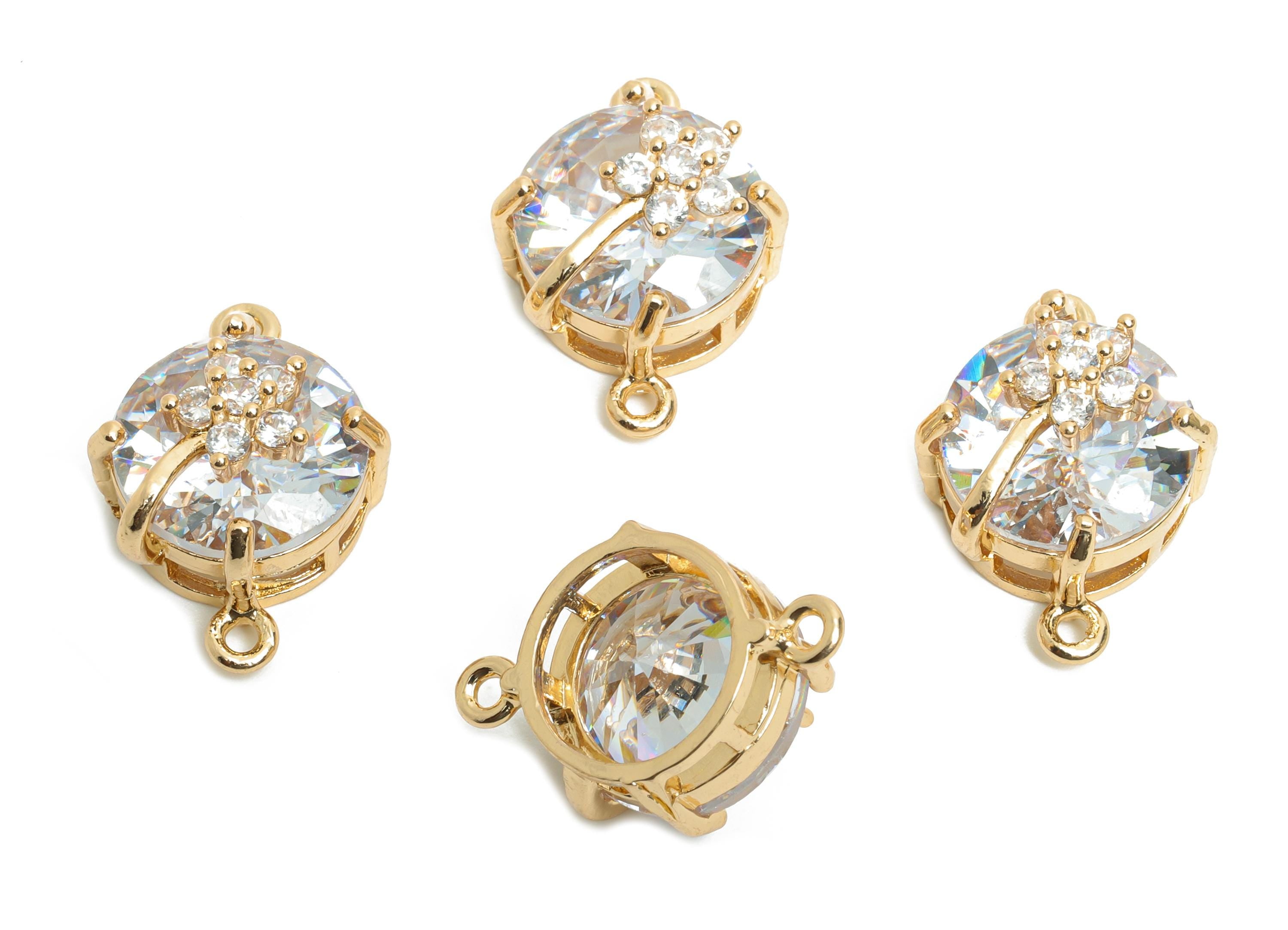 Round Crystal Bracelet Connector - Brass Sparkling Charm for Necklace - Faceted Crystal with Flower - KC Gold Plated - 20x13x12mm - GS1287 - DOMEDBAZAAR