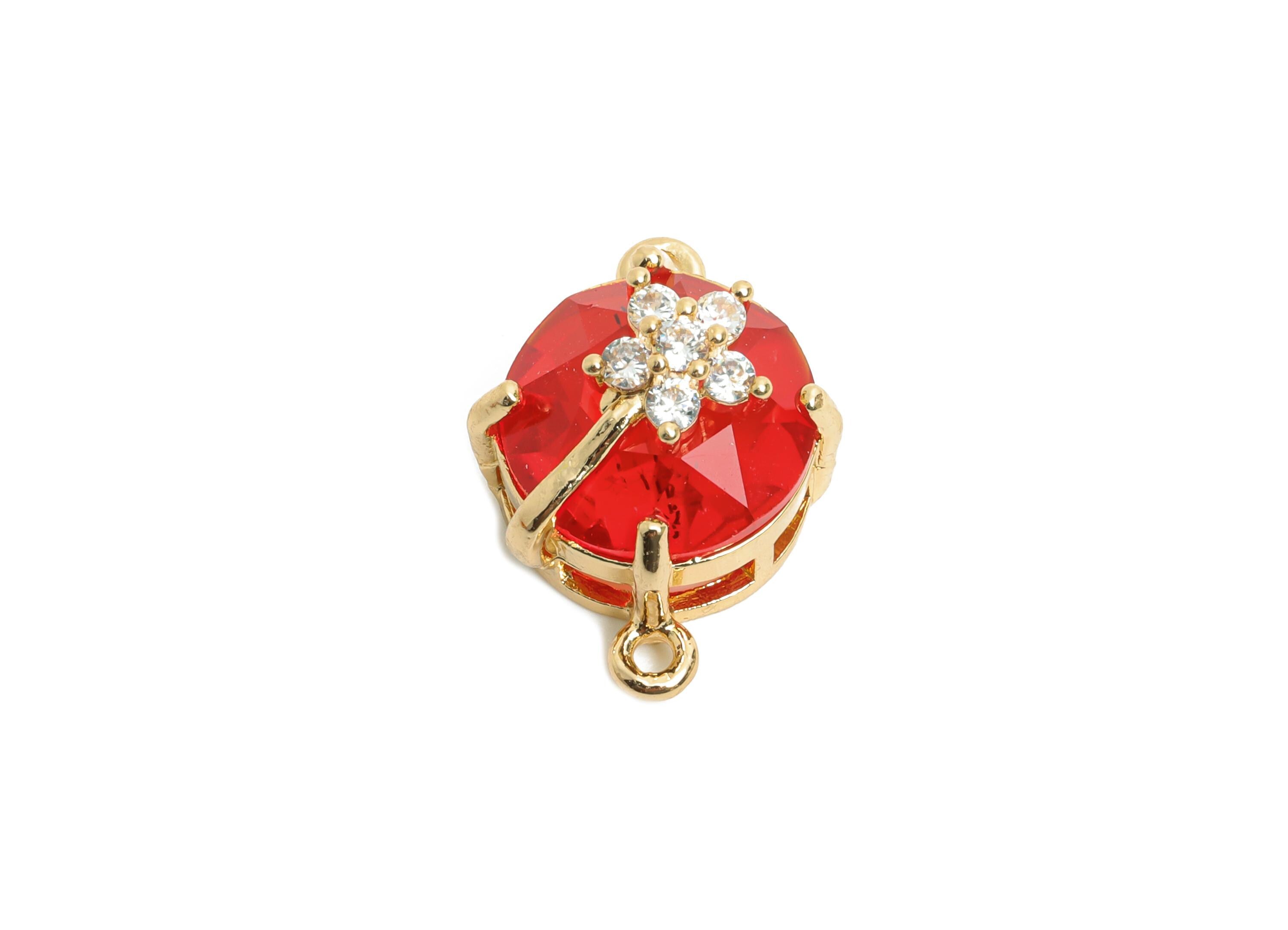 Round Crystal Bracelet Connector - Brass Sparkling Necklace Charm - Red Faceted Crystal Flower Charm - KC Gold Plated - 20x13x12mm -GS1286 - DOMEDBAZAAR