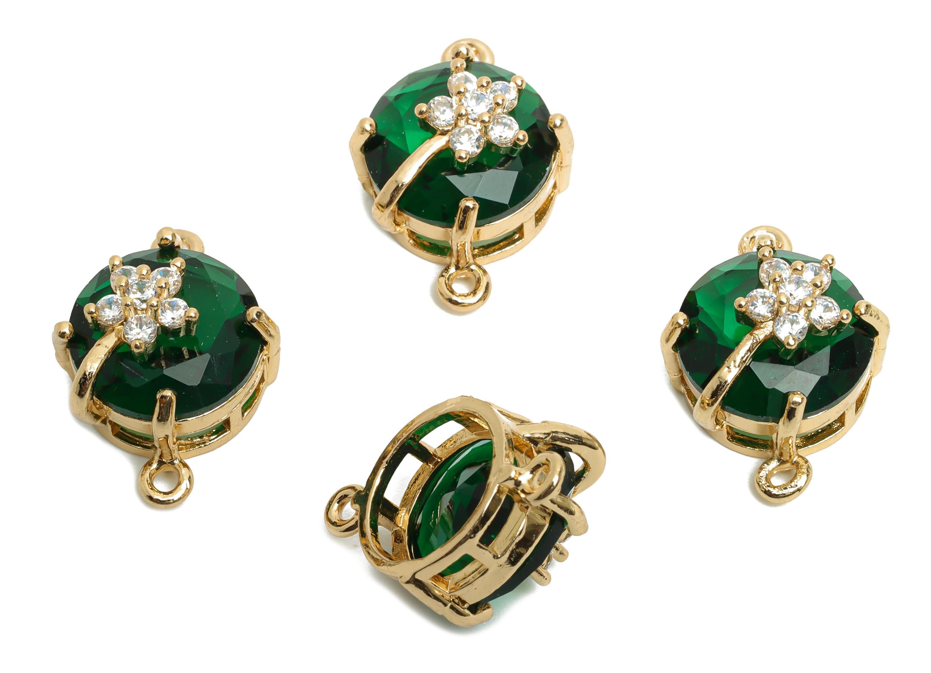 Round Crystal Bracelet Connector - Brass Sparkling Necklace Charm - Green Faceted Crystal Flower Charm - KC Gold Plated - 20x13x12mm -GS1285 - DOMEDBAZAAR