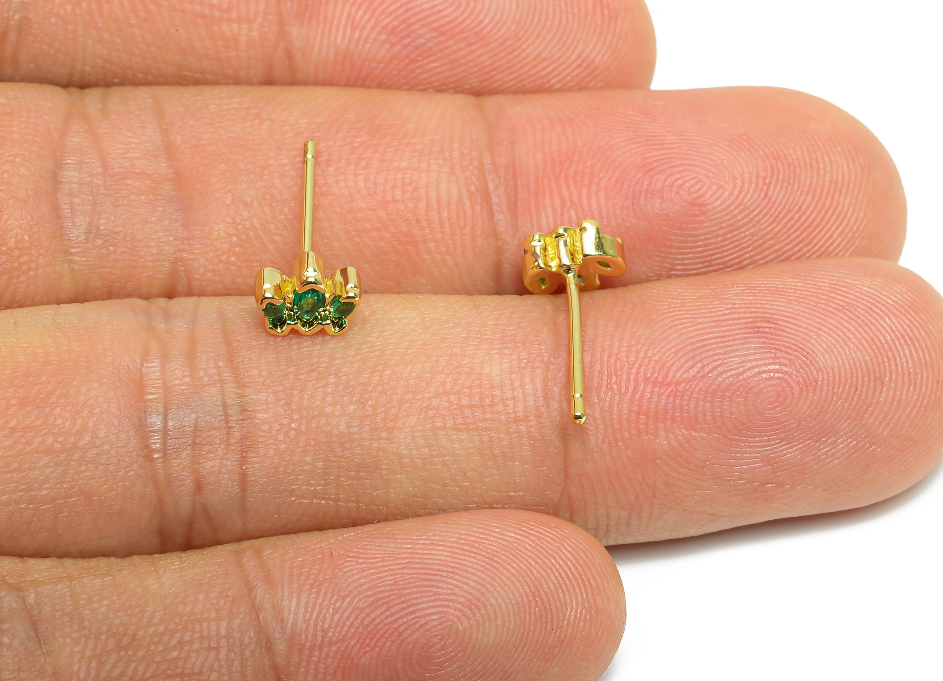 Brass CZ Crown Stud - Mini Green Marquise Earring Post for Girls - Gold Minimalism Jewelry - 18K Real Gold Plated -5.27x6.67x0.78mm -RGP9836 - DOMEDBAZAAR