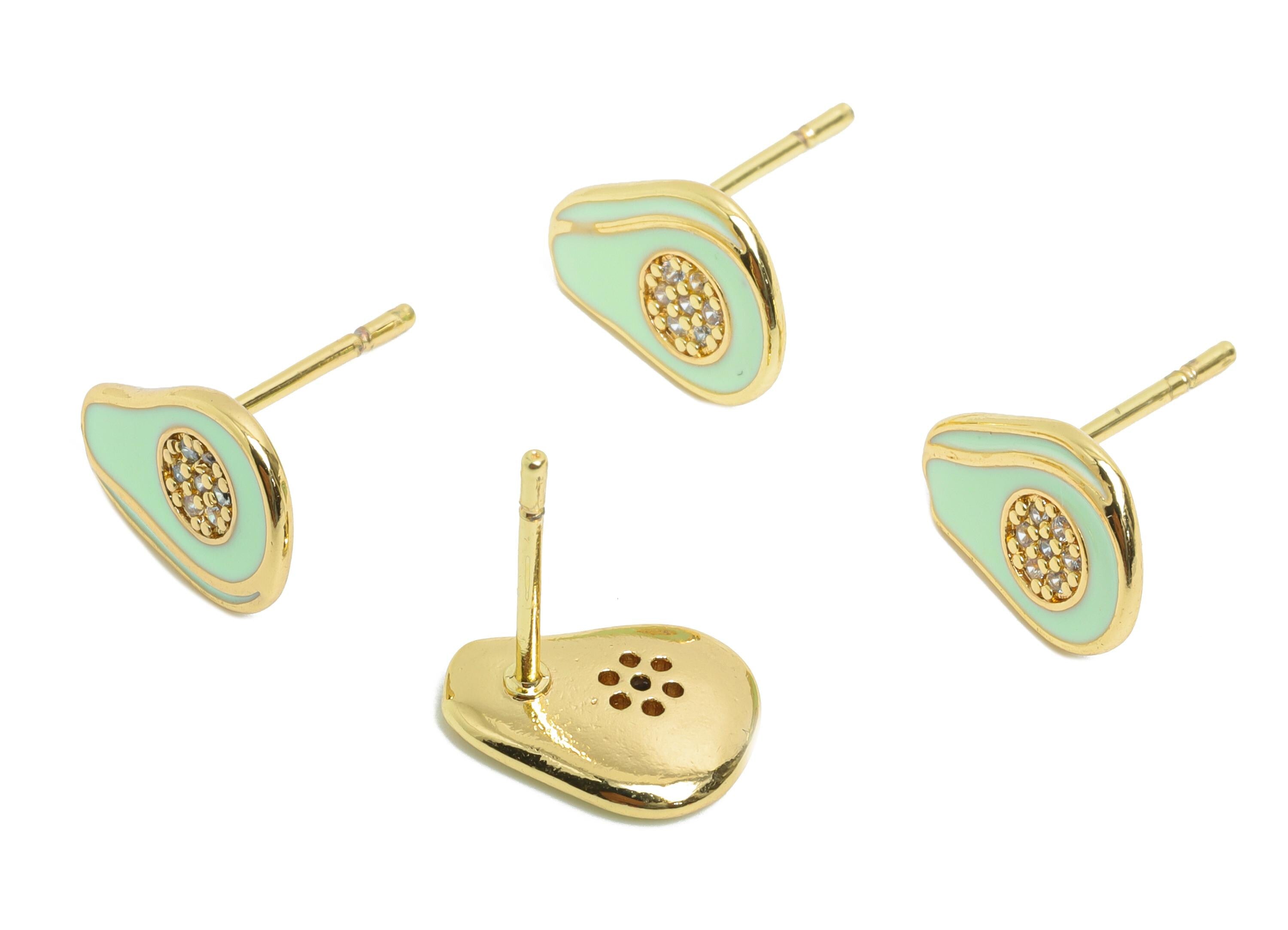 Brass Enamel Avocado Stud - Gold Cubic Zircon Fruit Earrings Stud - Minimalism Jewelry - 18K Real Gold Plating - 11.59x8.77x0.9mm - RGP9839 - DOMEDBAZAAR