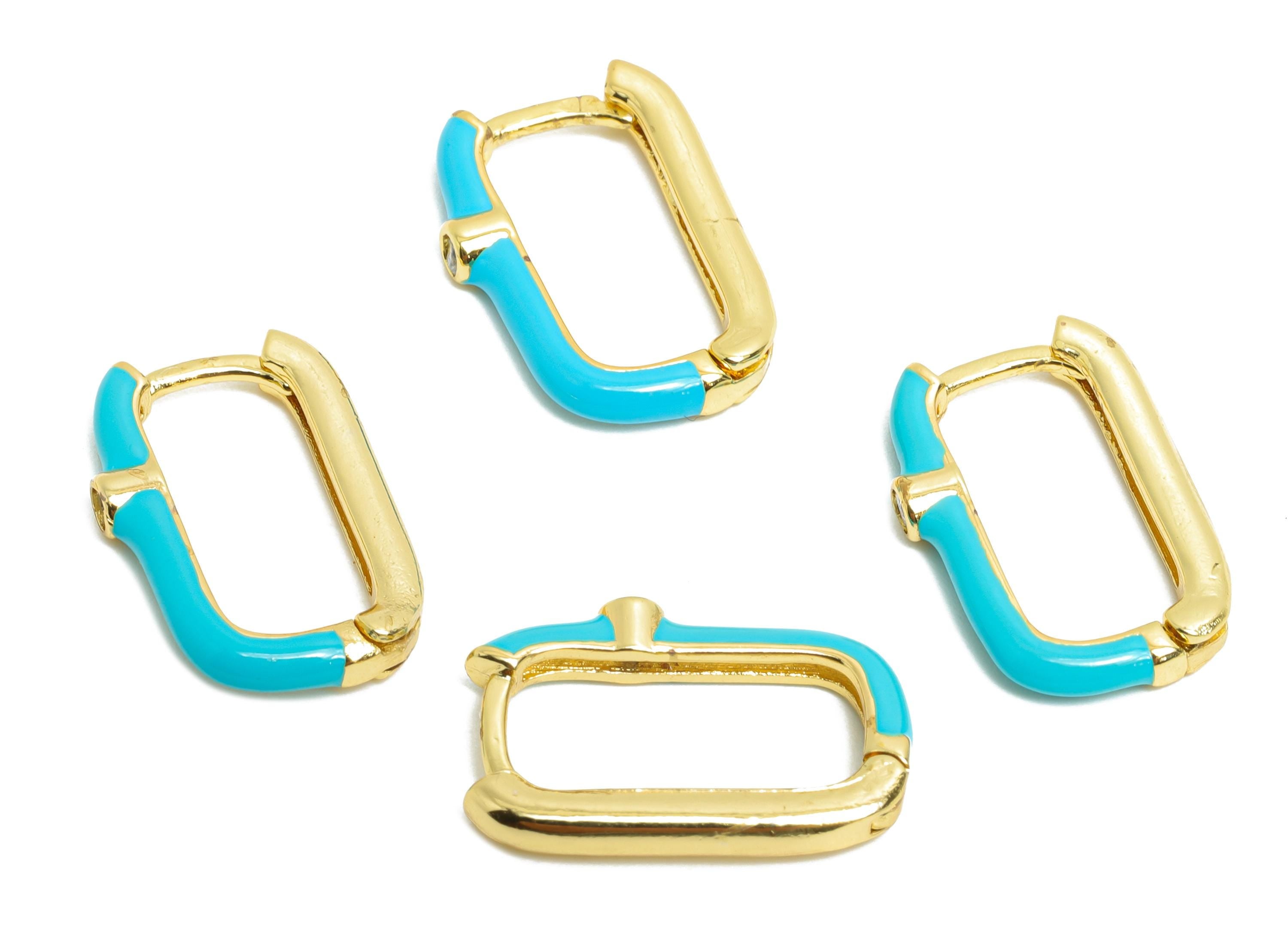Brass U Shape Hoop Earring - Blue Enamel Zircon Earring - Minimalist Gold Oval Earring - 18K Real Gold Plated - 18.65x12.25x2.65mm - RGP9766 - DOMEDBAZAAR