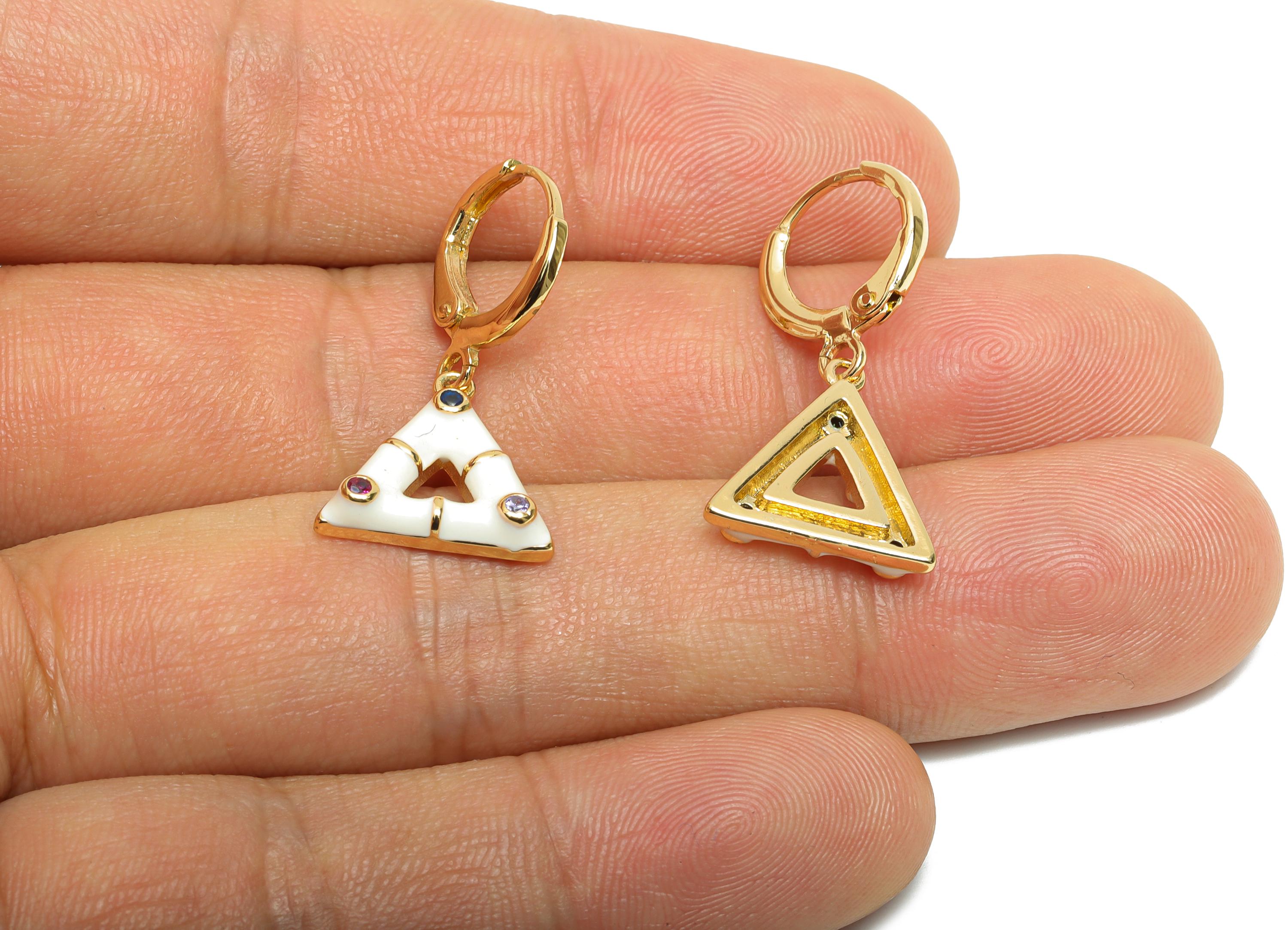Dangle Hoop Lever back Earring - White Enamel Triangle Earring - Brass CZ Huggie Hoop Clasp - 18K Gold Plated - 27.11x14.38x3.55mm - RGP9800 - DOMEDBAZAAR