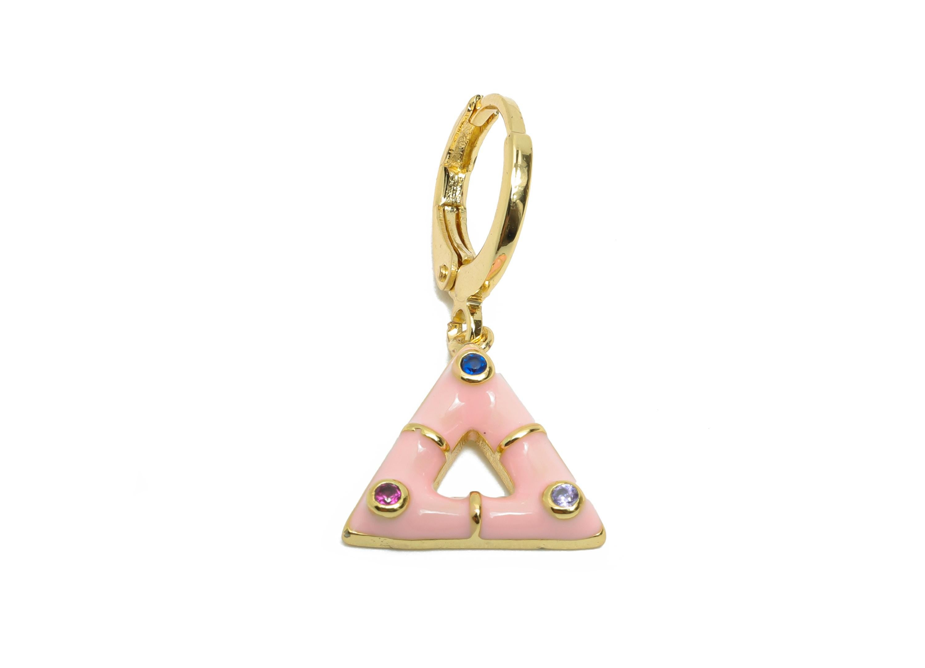 Dangle Hoop Lever back Earring - Pink Enamel Triangle Earring - Brass CZ Huggie Hoop Clasp - 18K Gold Plated - 27.11x14.38x3.55mm - RGP9802 - DOMEDBAZAAR