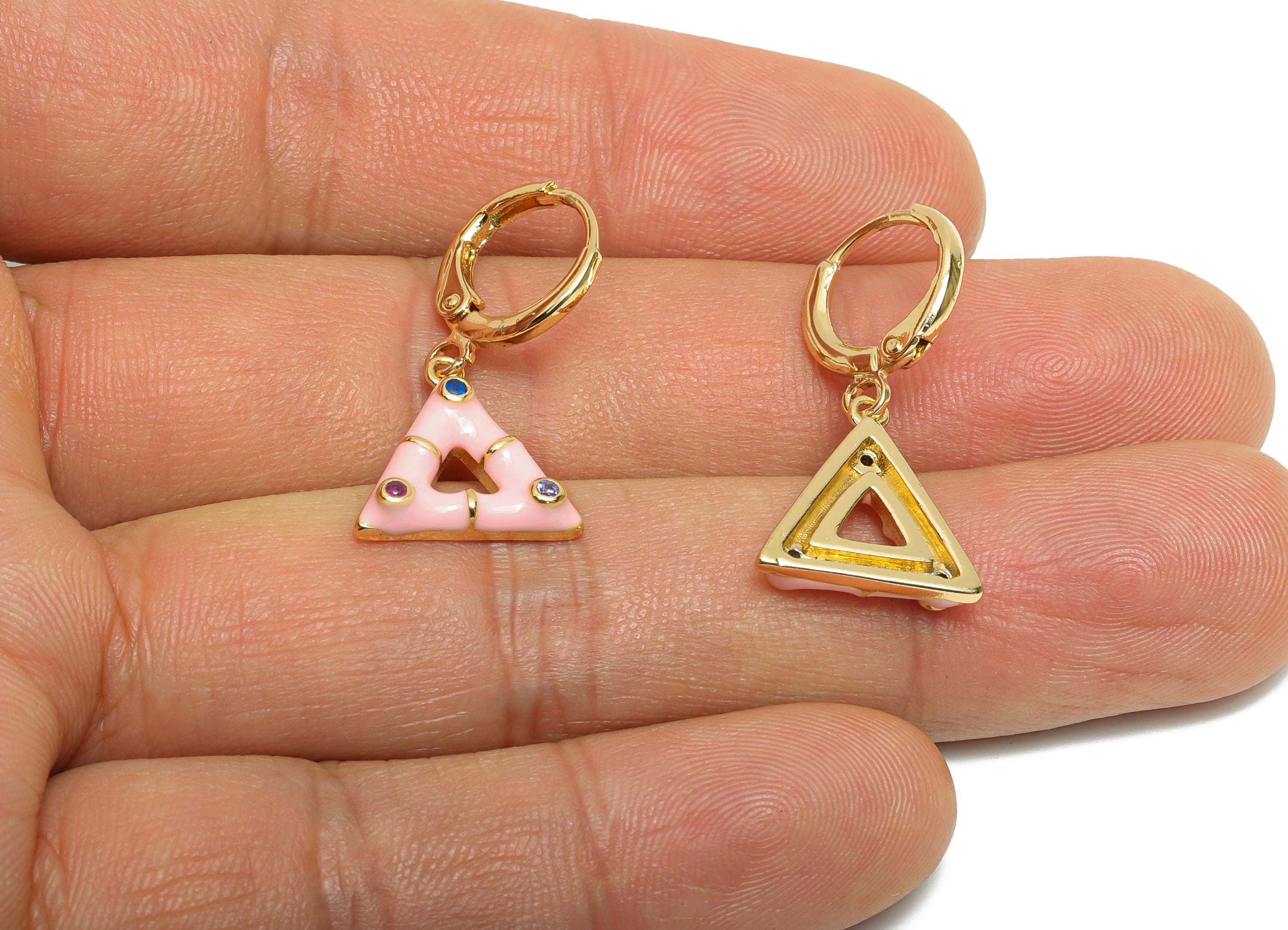 Dangle Hoop Lever back Earring - Pink Enamel Triangle Earring - Brass CZ Huggie Hoop Clasp - 18K Gold Plated - 27.11x14.38x3.55mm - RGP9802 - DOMEDBAZAAR